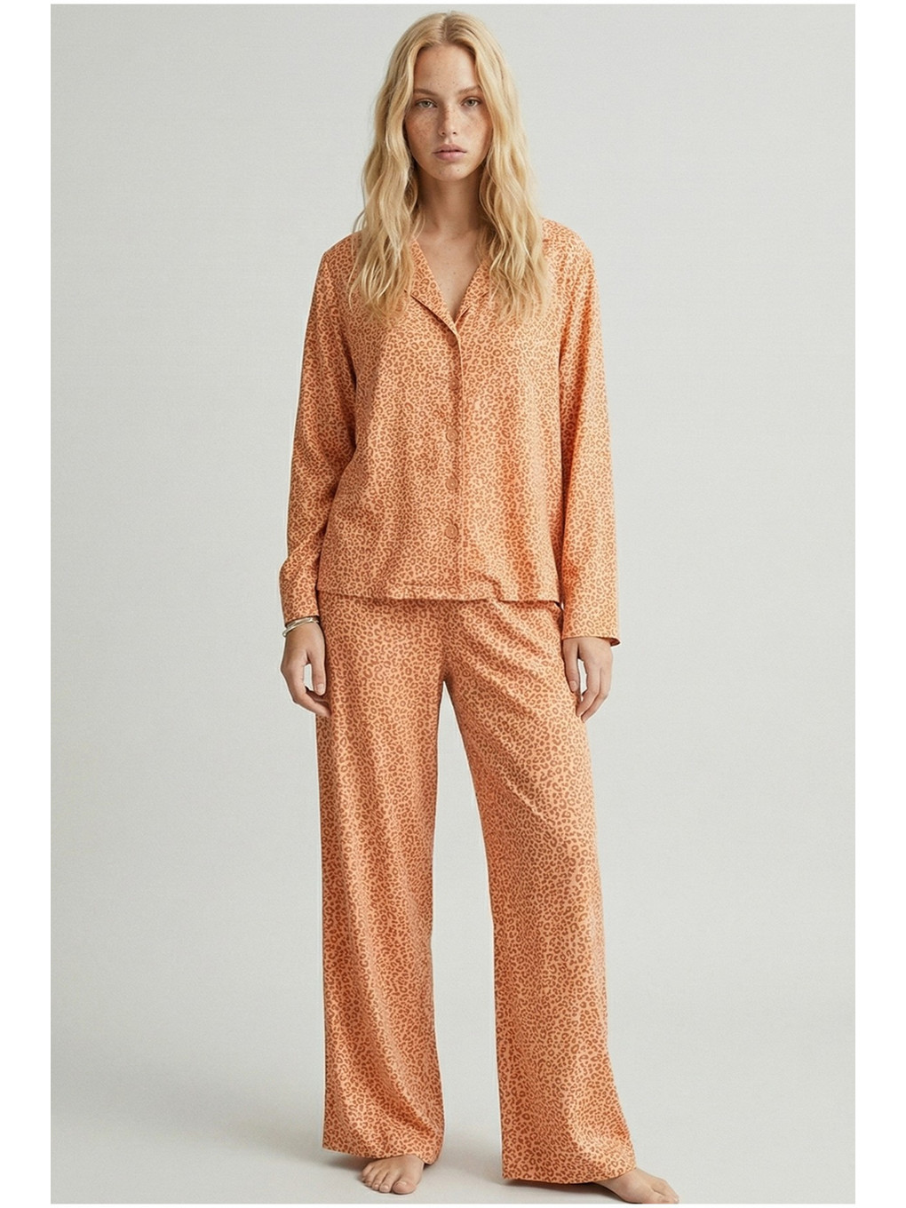 Karışık Somon Leopar Baskılı Düğmeli Örme Pijama Takım 7611-1