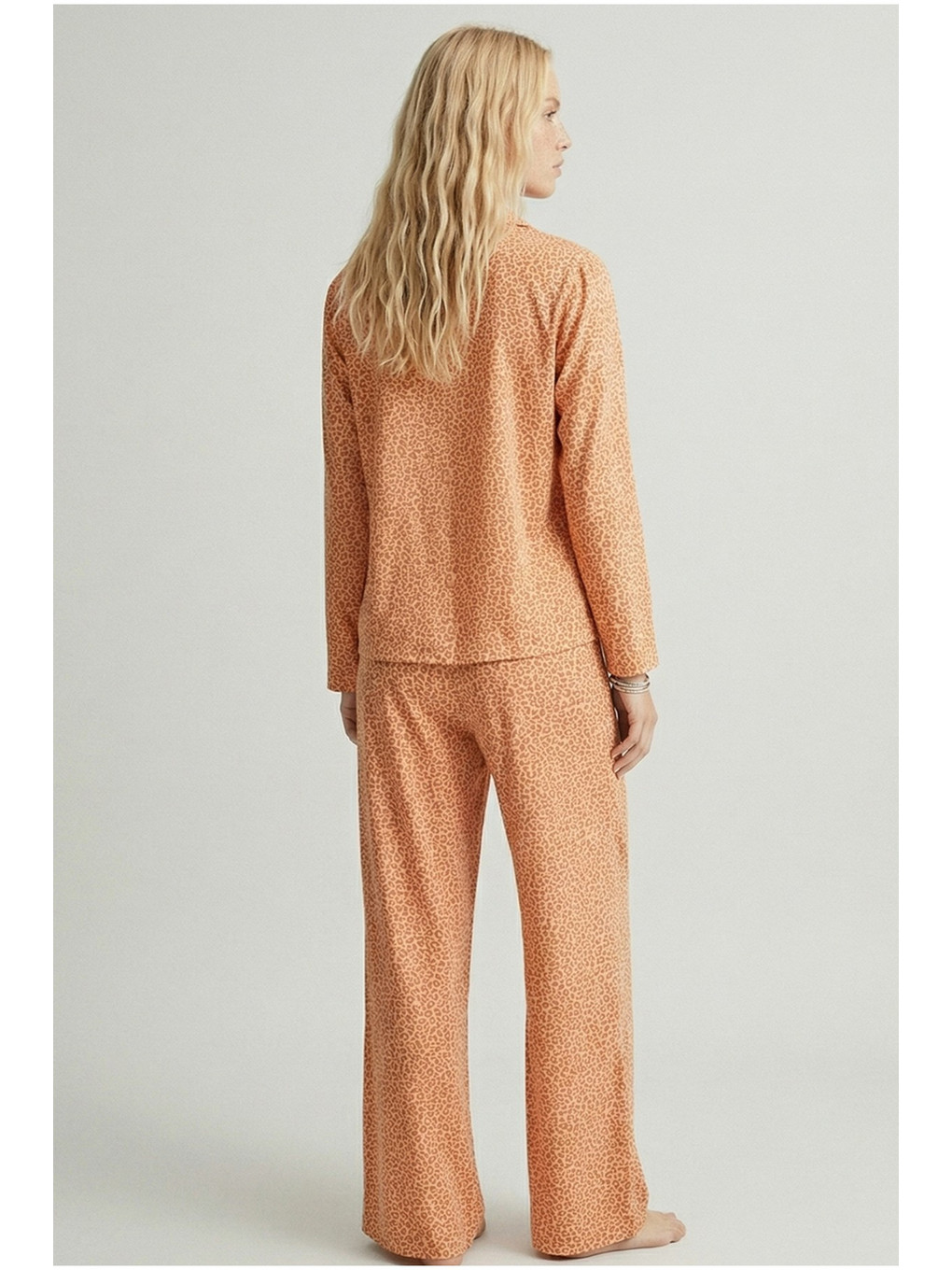 Karışık Somon Leopar Baskılı Düğmeli Örme Pijama Takım 7611-2