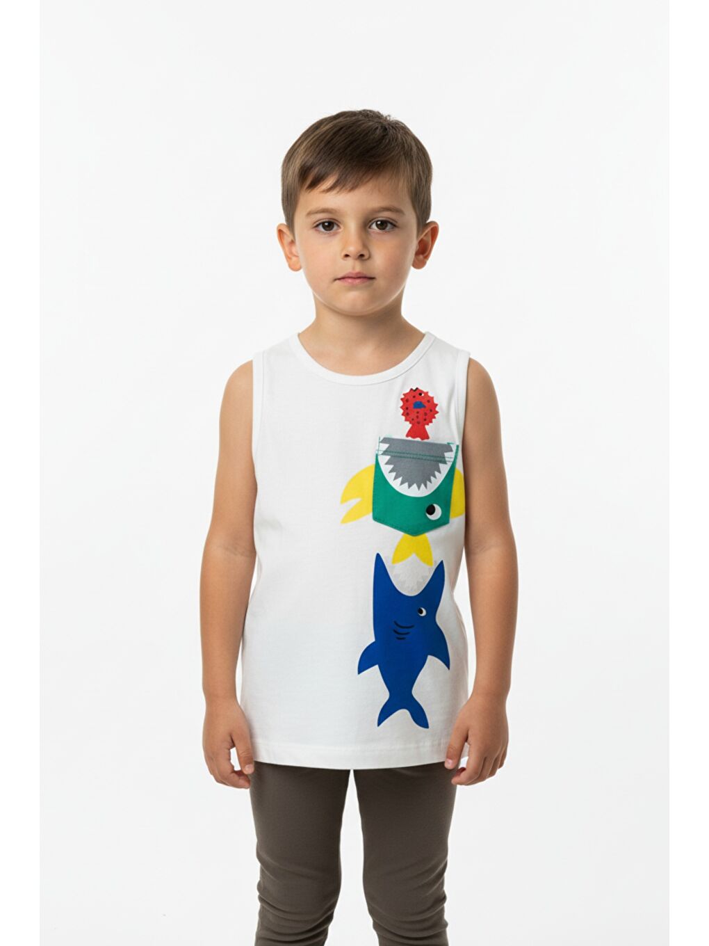Ekru Erkek Çocuk Cepli Balık Baskılı Atlet