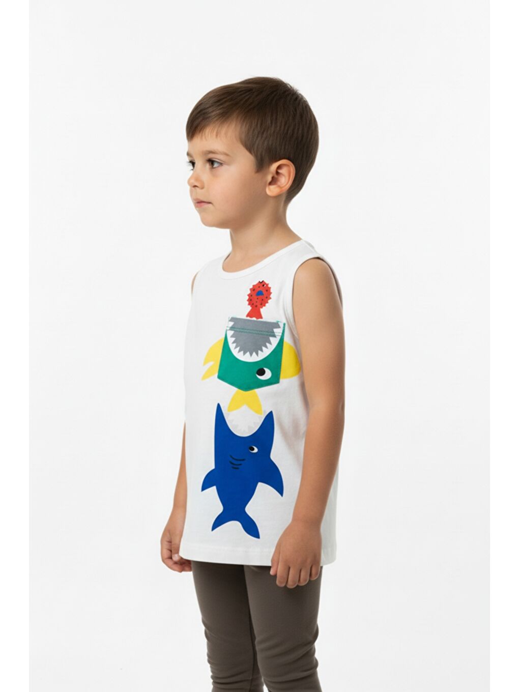 Ekru Erkek Çocuk Cepli Balık Baskılı Atlet-1