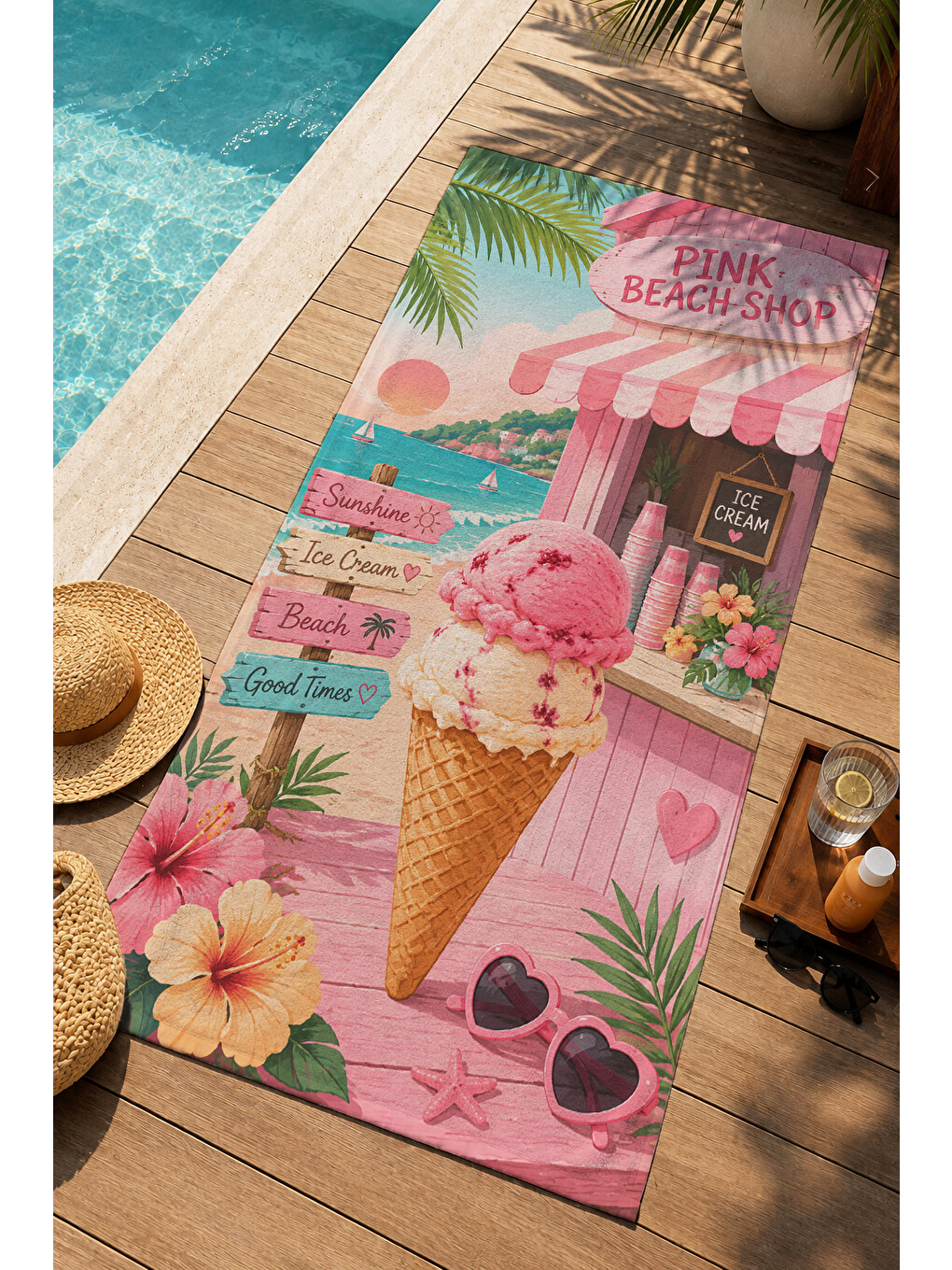 Retro Pembe Dondurma Dükkânı Tropikal Desenli 70x150 Plaj Havlusu - Dijital Baskılı Banyo Havlusu