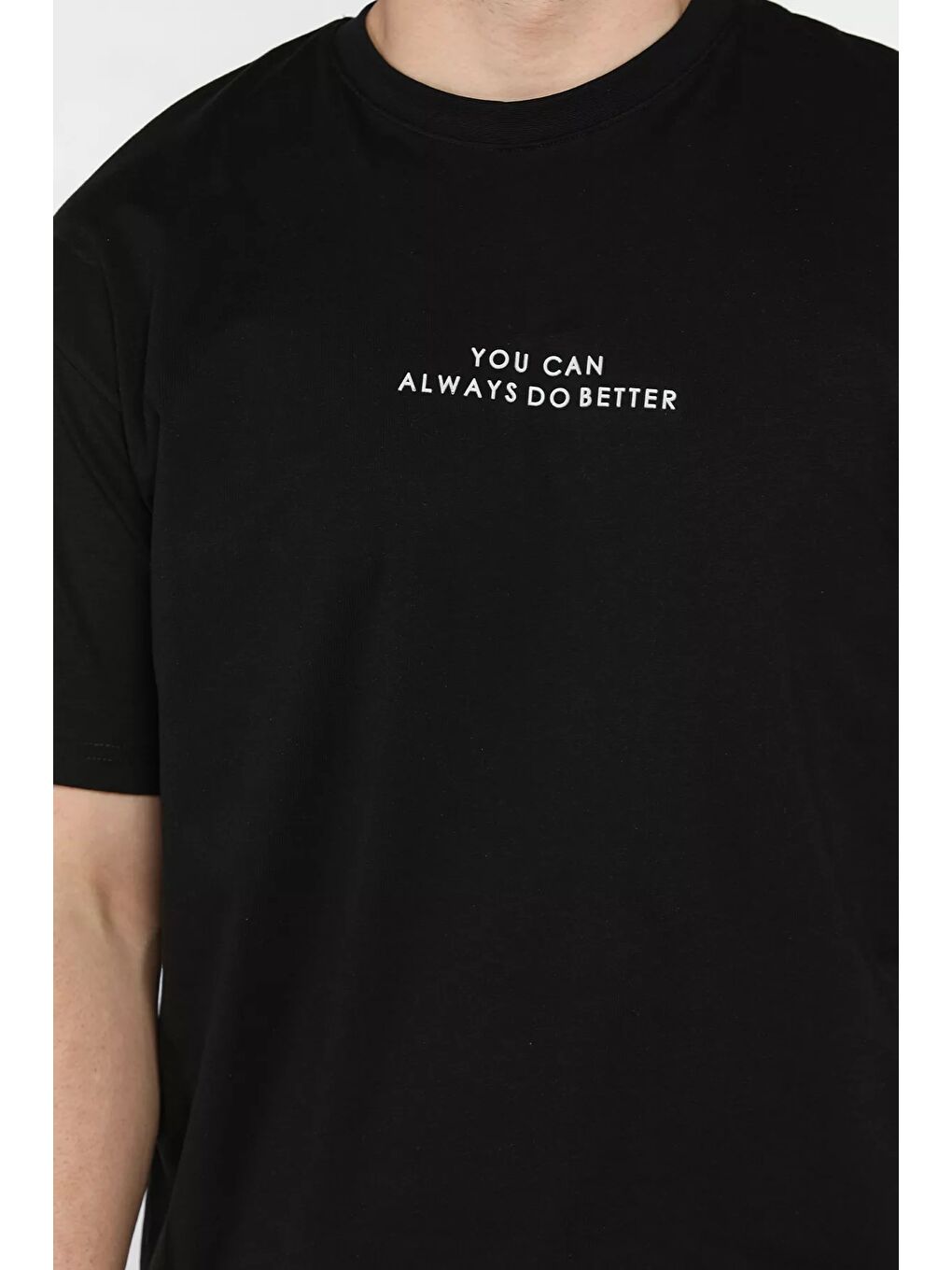 Siyah Erkek Bisiklet Yaka Silikon Yazı Baskılı Tişört-3