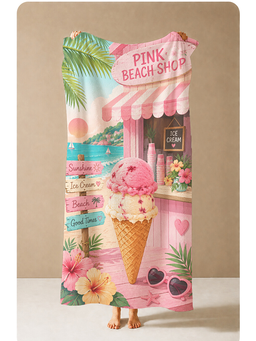 Retro Pembe Dondurma Dükkânı Tropikal Desenli 70x150 Plaj Havlusu - Dijital Baskılı Banyo Havlusu-1