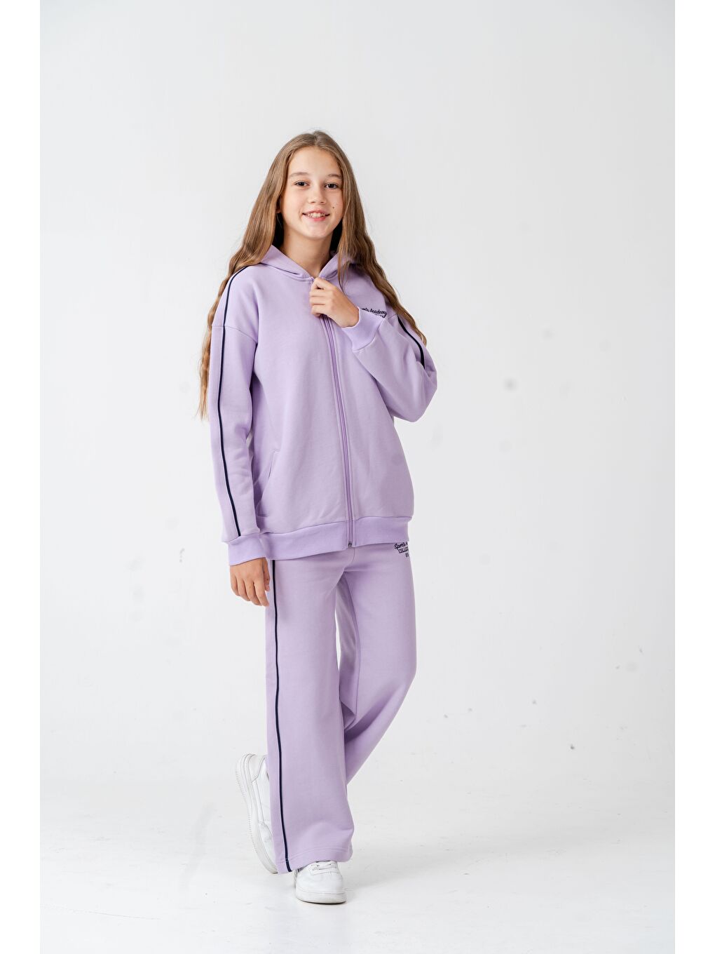 Lila Sports Academy College Team Us-86 Nakışlı Kapüşonlu Ön Fermuarlı Kız Çocuk Alt Üst Eşofman Takımı-1