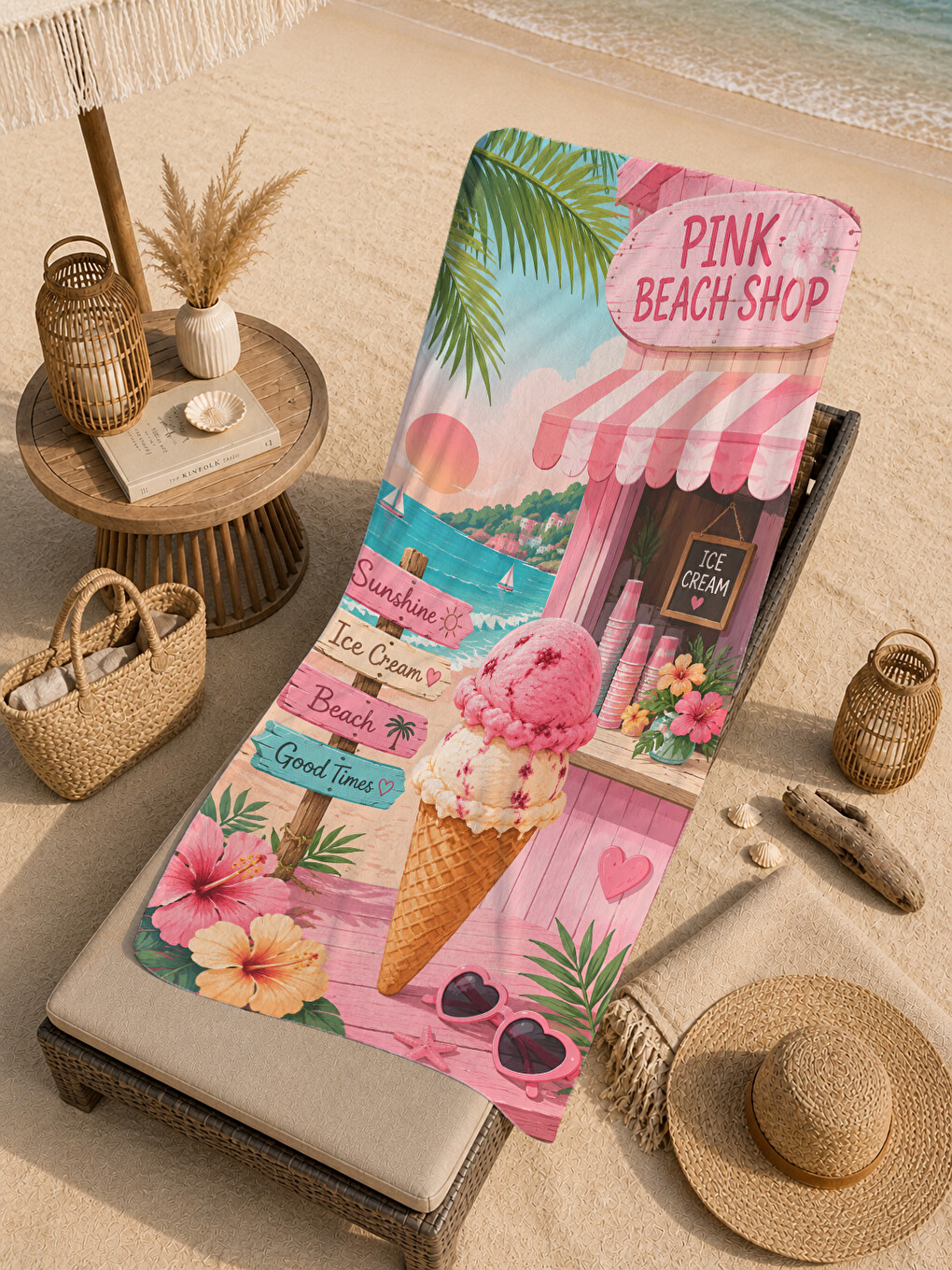 Retro Pembe Dondurma Dükkânı Tropikal Desenli 70x150 Plaj Havlusu - Dijital Baskılı Banyo Havlusu-3