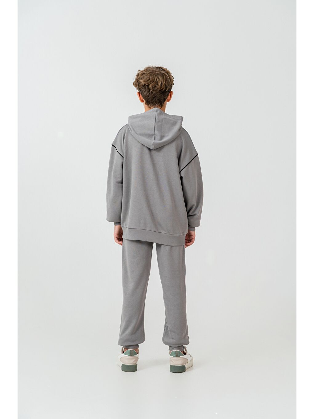 Gri Hyper Code Baskılı Kapüşonlu Ön Fermuarlı Kanguru Cepli Erkek Çocuk Alt Üst Eşofman Takımı-5