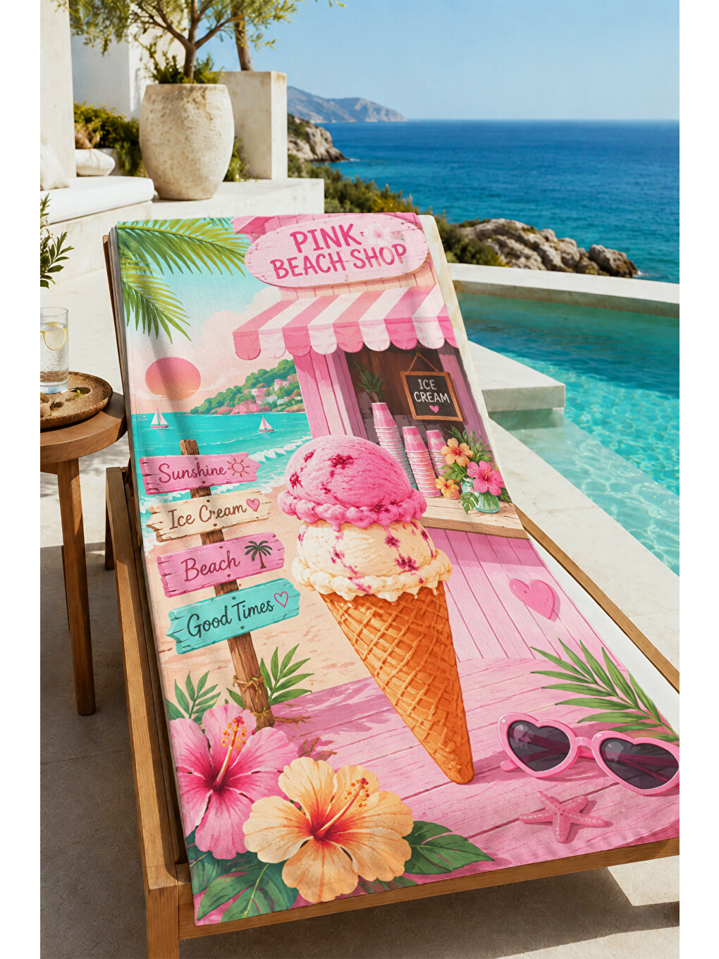 Retro Pembe Dondurma Dükkânı Tropikal Desenli 70x150 Plaj Havlusu - Dijital Baskılı Banyo Havlusu-4