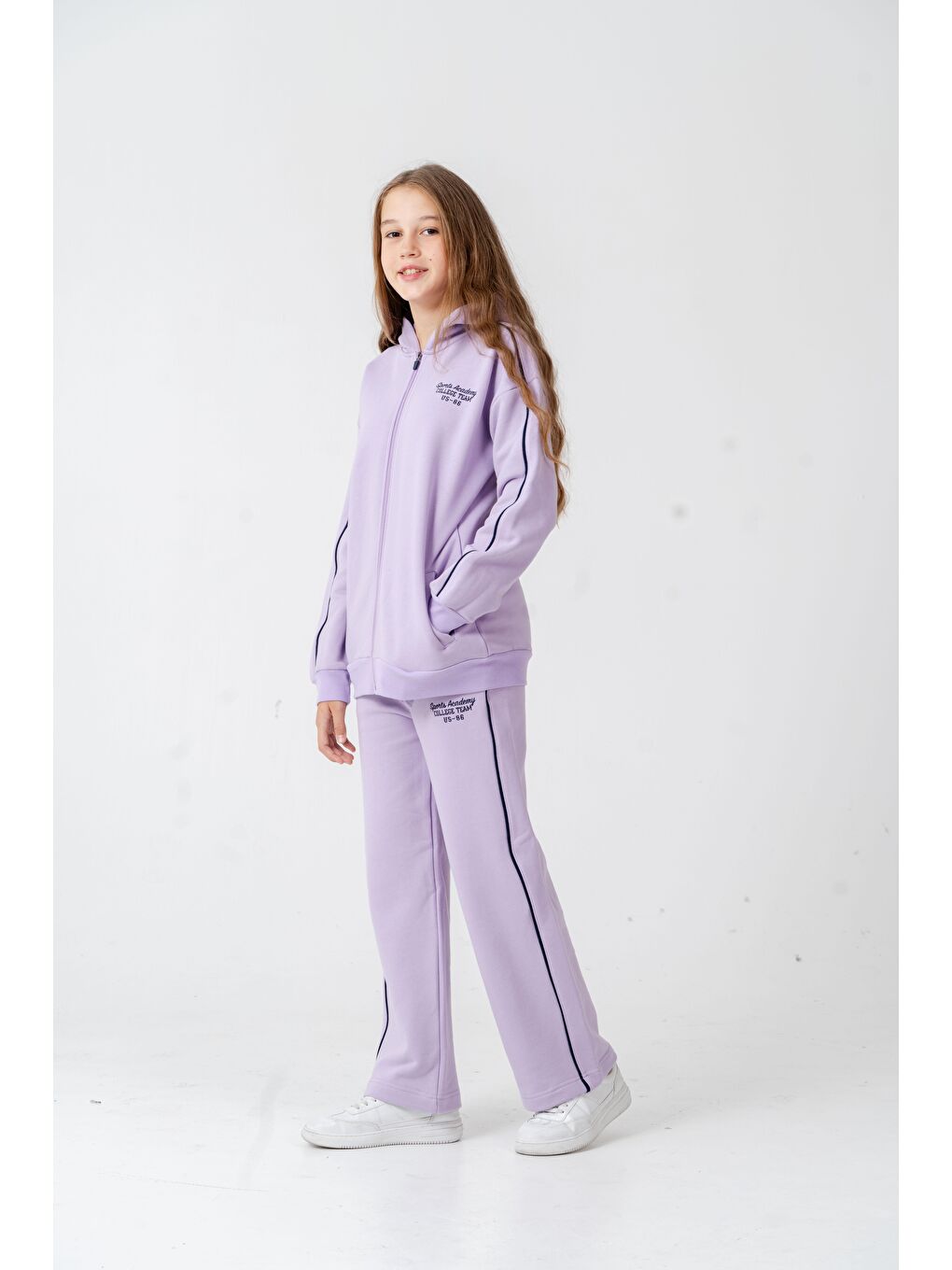 Lila Sports Academy College Team Us-86 Nakışlı Kapüşonlu Ön Fermuarlı Kız Çocuk Alt Üst Eşofman Takımı-2
