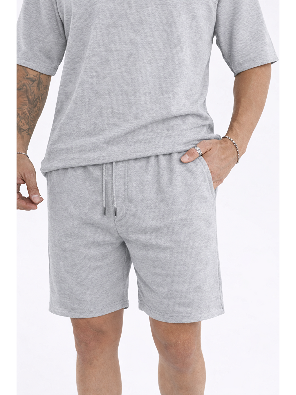 Erkek Polo Yaka Tişört Bol Şort Gri Yazlık İkili Takım-2