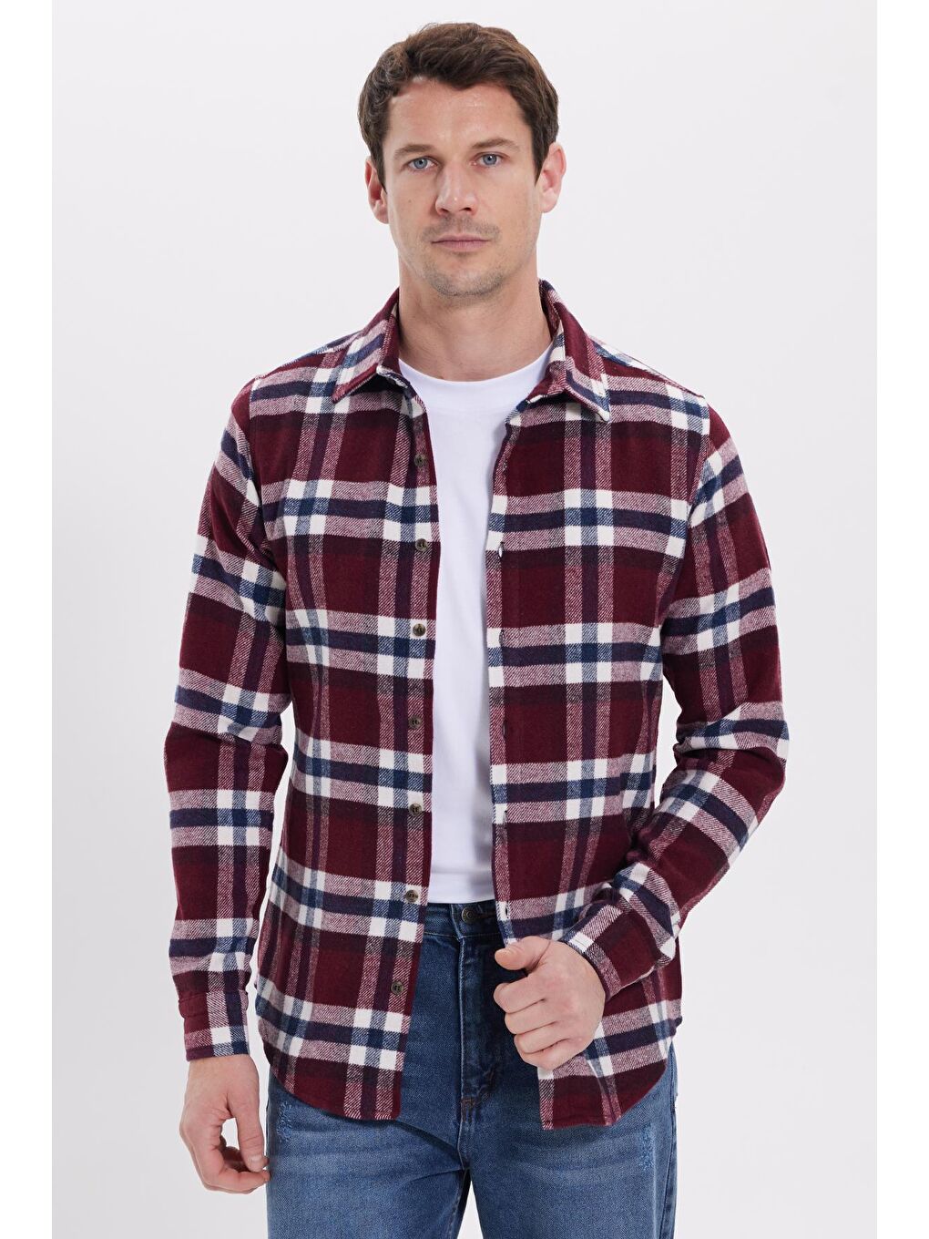 Bordo Erkek Slim Fit Dar Kesim Kareli Kışlık Oduncu Gömlek
