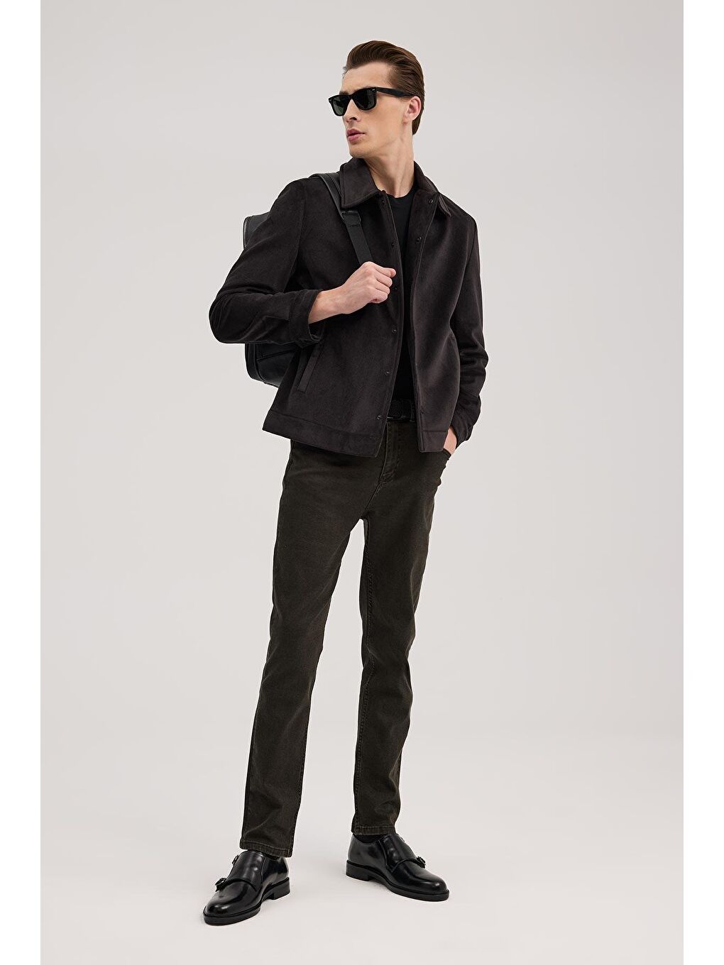 Gri Antrasit Comfort Fit Gömlek Yaka Kadife Mont-1