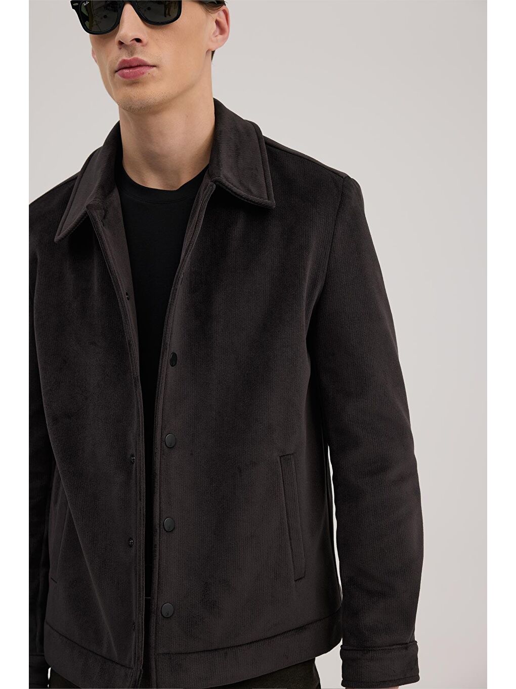 Gri Antrasit Comfort Fit Gömlek Yaka Kadife Mont-2