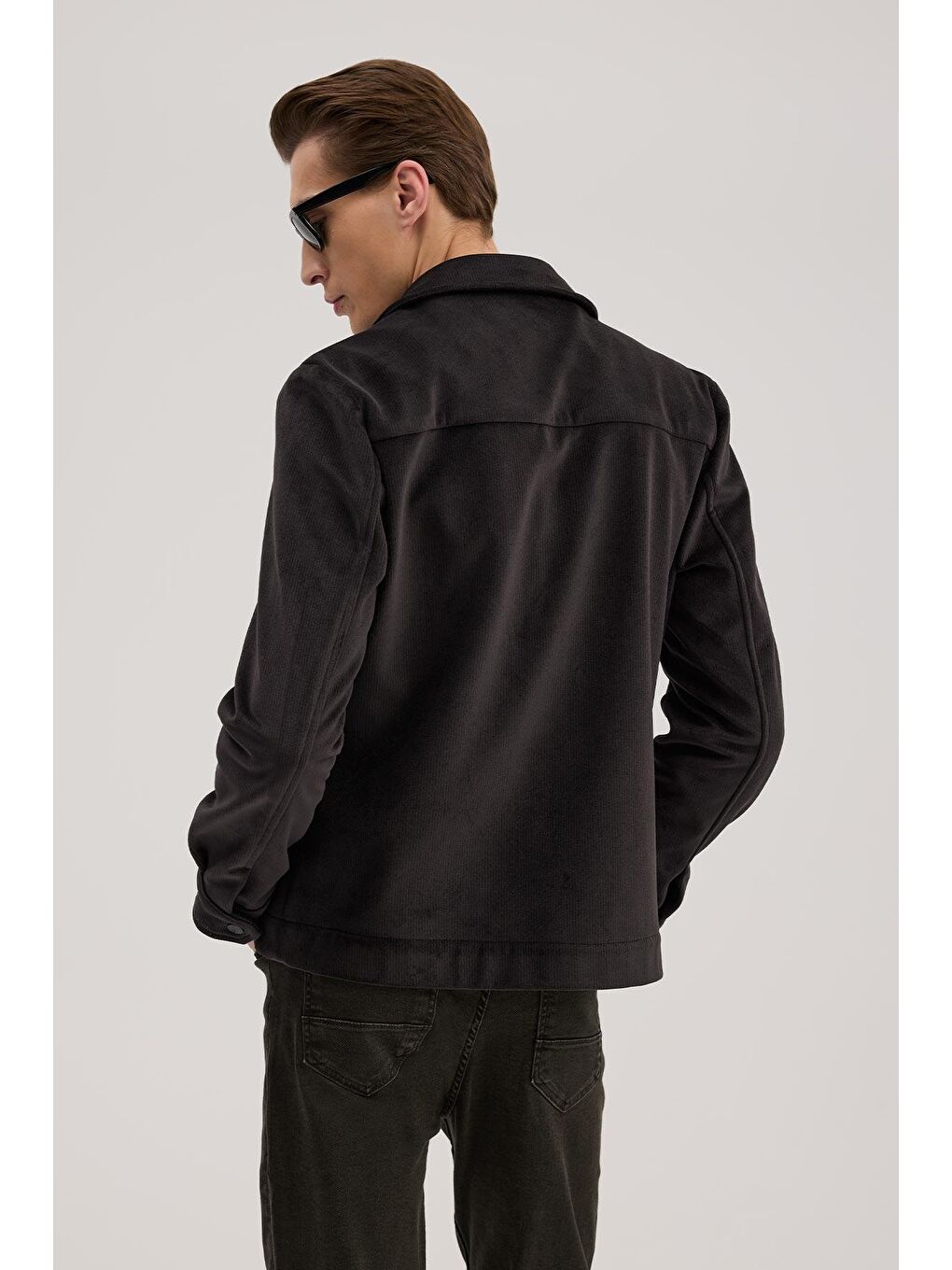 Gri Antrasit Comfort Fit Gömlek Yaka Kadife Mont-3