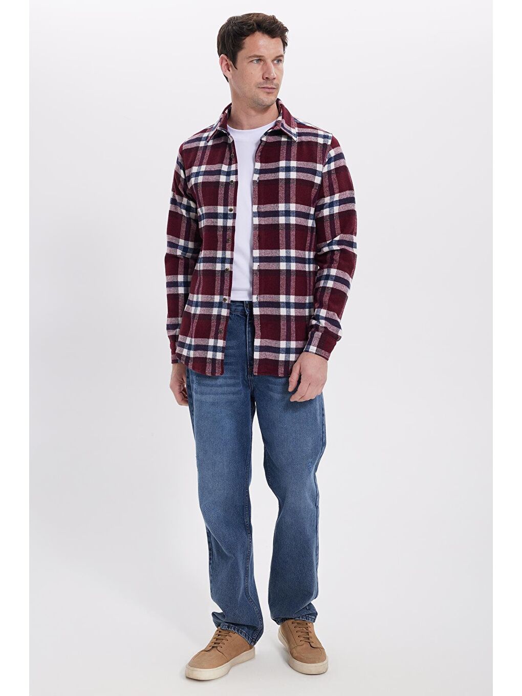 Bordo Erkek Slim Fit Dar Kesim Kareli Kışlık Oduncu Gömlek-2