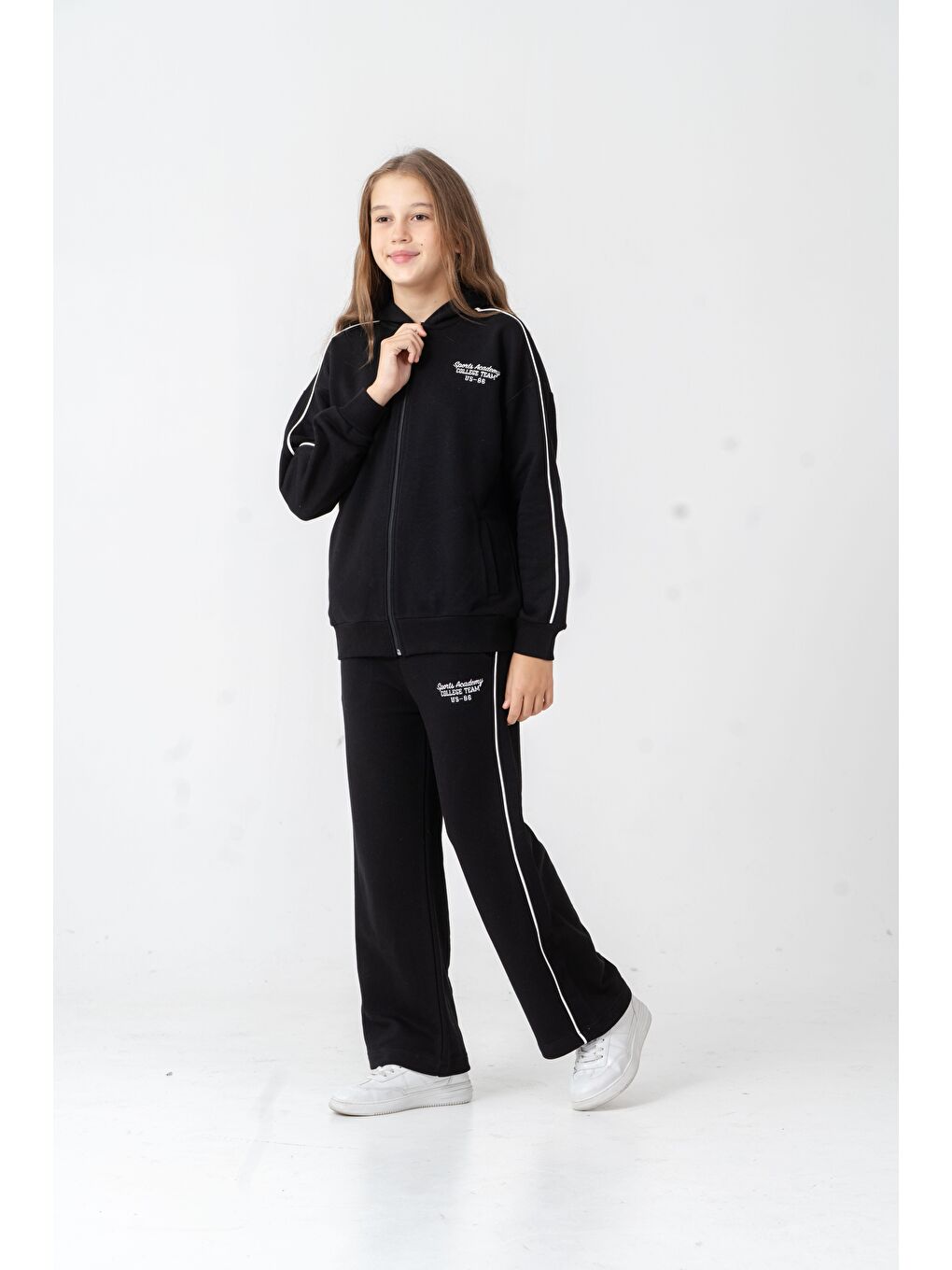Siyah Sports Academy College Team Us-86 Nakışlı Kapüşonlu Ön Fermuarlı Kız Çocuk Alt Üst Eşofman Takımı-2