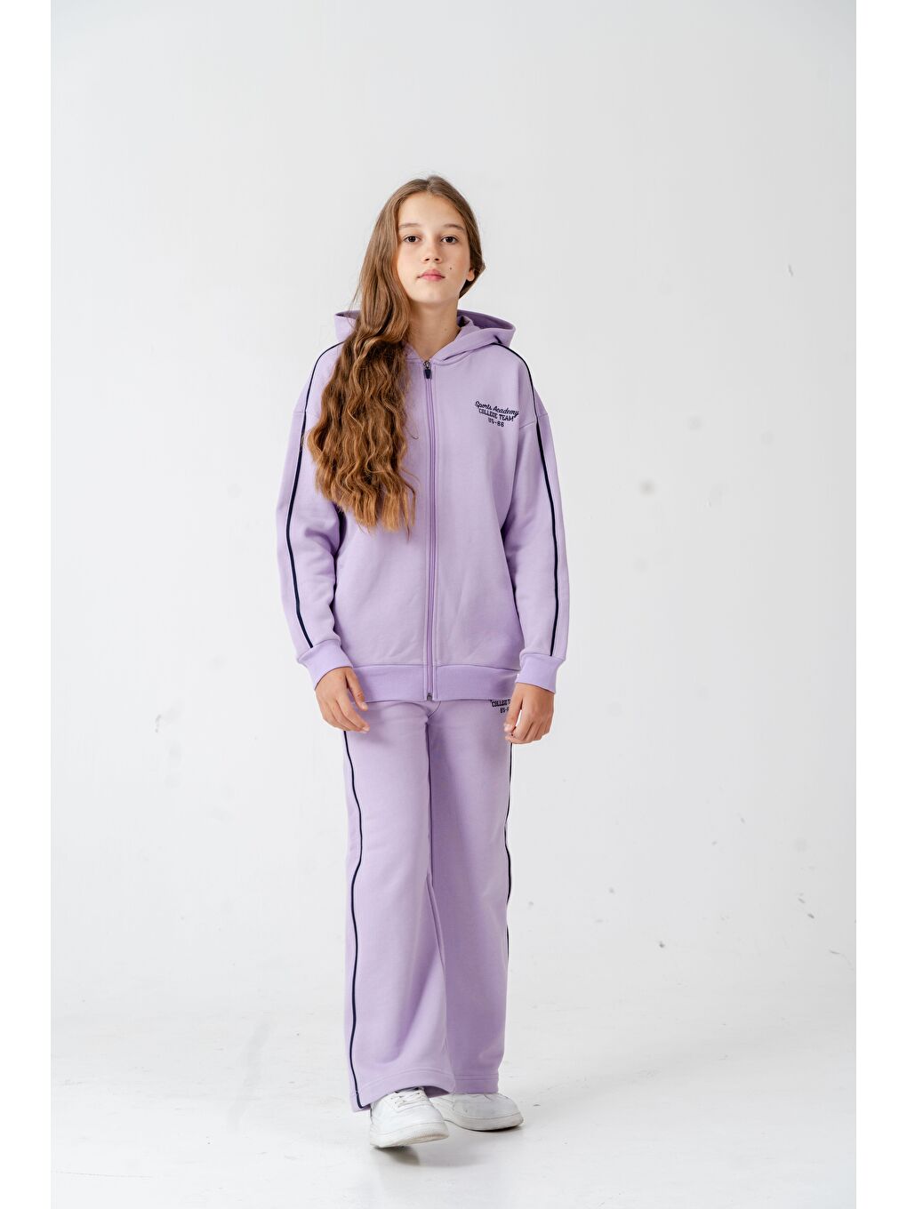 Lila Sports Academy College Team Us-86 Nakışlı Kapüşonlu Ön Fermuarlı Kız Çocuk Alt Üst Eşofman Takımı-5