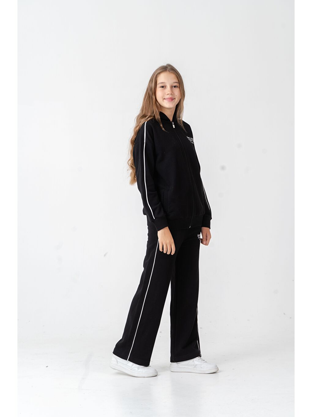 Siyah Sports Academy College Team Us-86 Nakışlı Kapüşonlu Ön Fermuarlı Kız Çocuk Alt Üst Eşofman Takımı-3