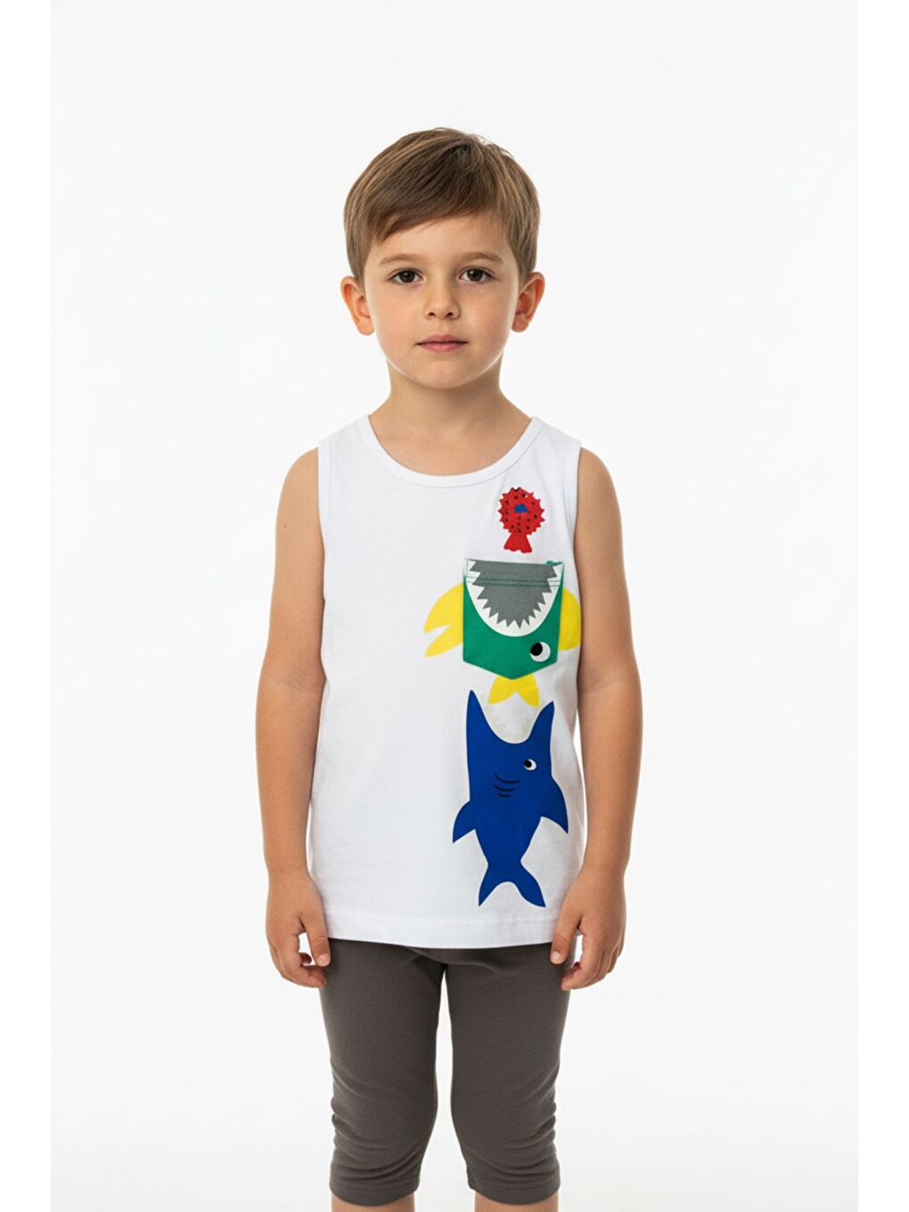 Beyaz Erkek Çocuk Cepli Balık Baskılı Atlet