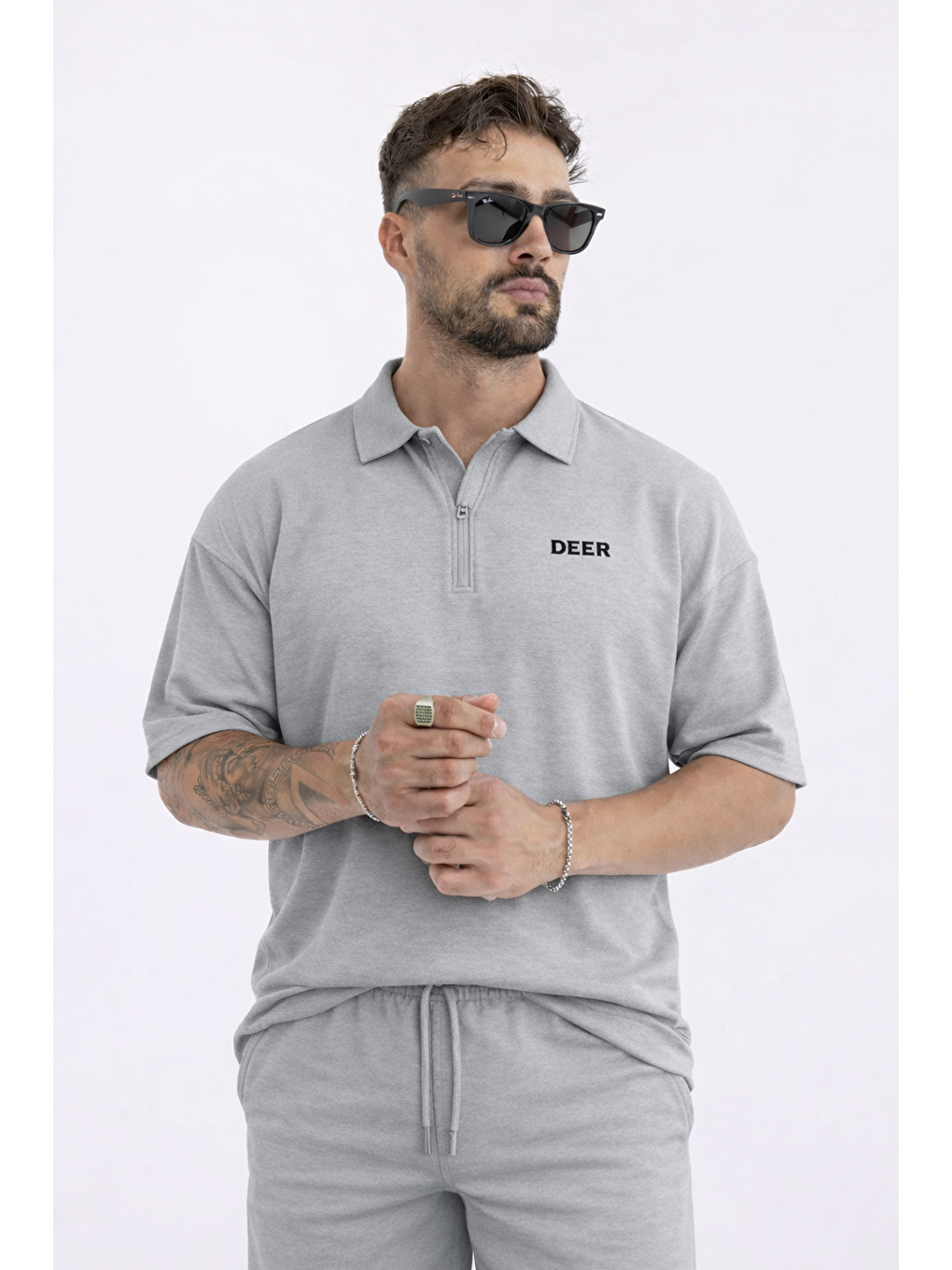 Erkek Polo Yaka Tişört Bol Şort Gri Yazlık İkili Takım-5