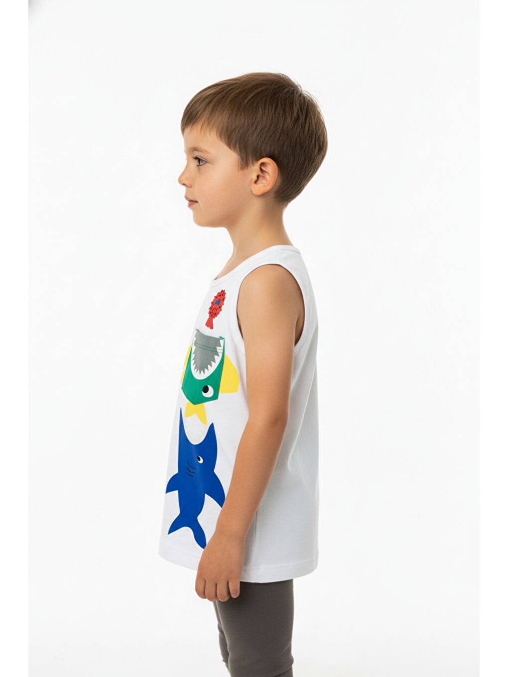 Beyaz Erkek Çocuk Cepli Balık Baskılı Atlet-1