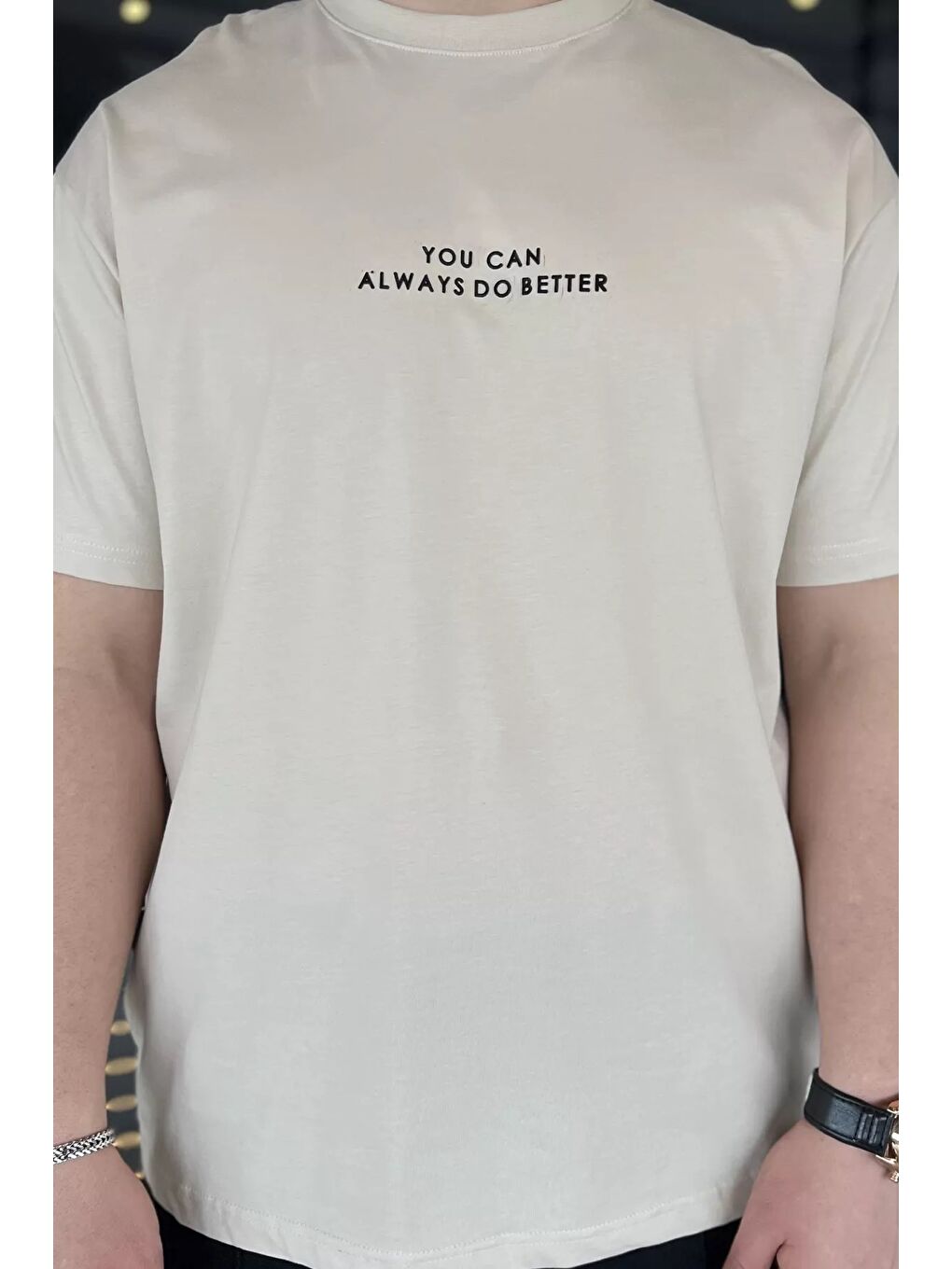 Bej Erkek Bisiklet Yaka Silikon Yazı Baskılı Tişört-3