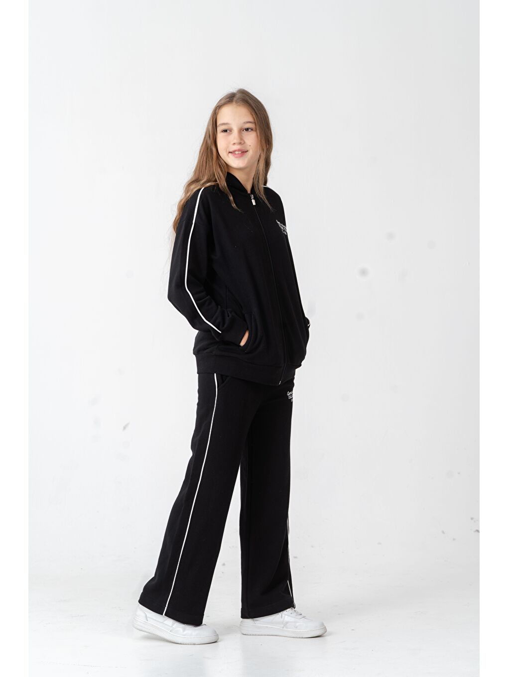 Siyah Sports Academy College Team Us-86 Nakışlı Kapüşonlu Ön Fermuarlı Kız Çocuk Alt Üst Eşofman Takımı-4