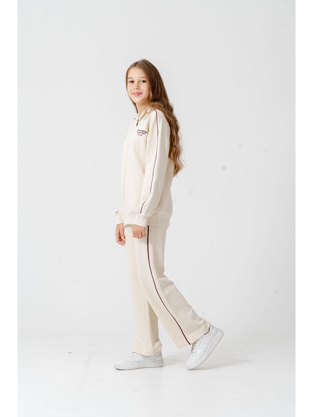 Ekru Sports Academy College Team Us-86 Nakışlı Kapüşonlu Ön Fermuarlı Kız Çocuk Alt Üst Eşofman Takımı-1