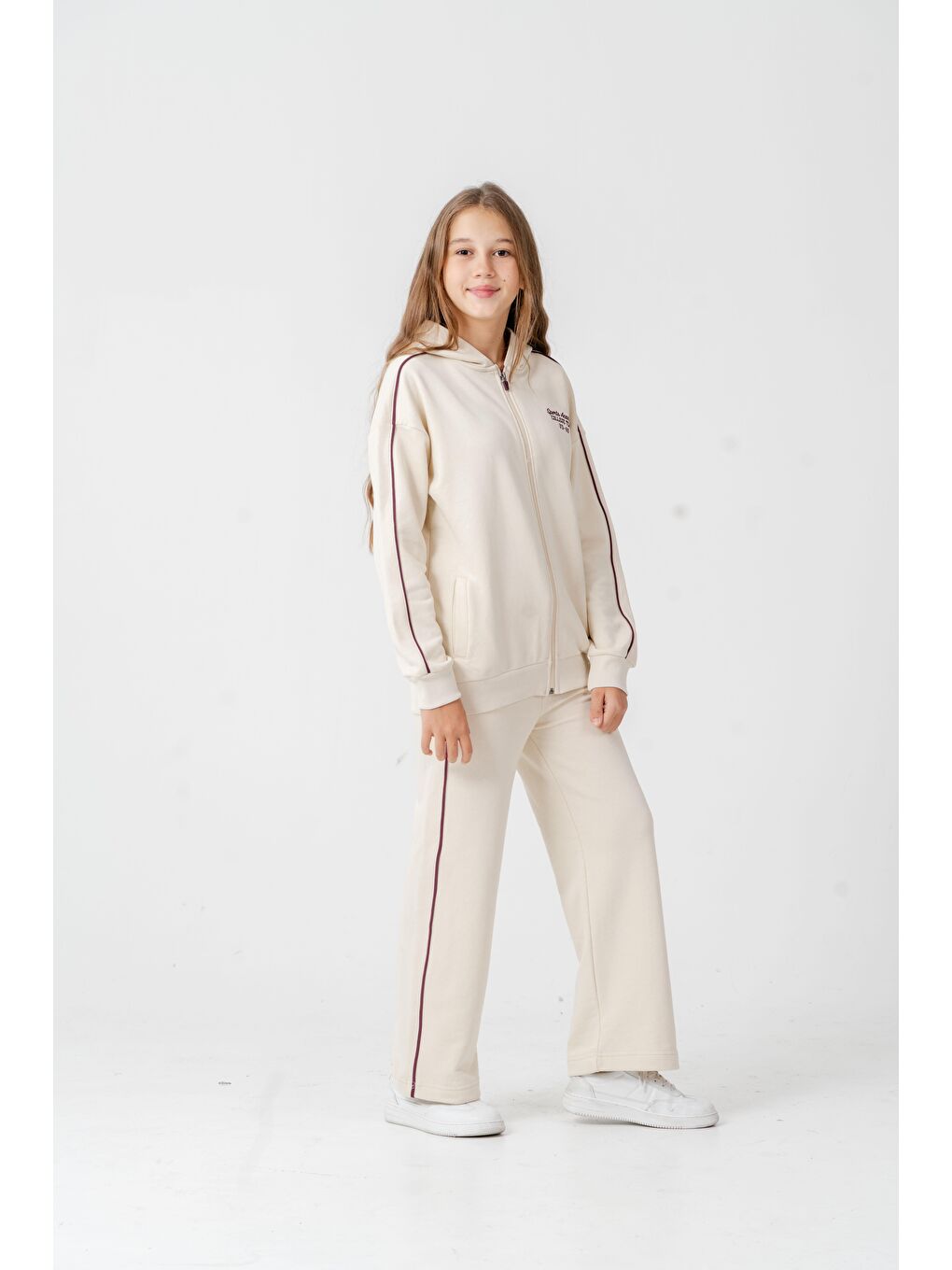 Ekru Sports Academy College Team Us-86 Nakışlı Kapüşonlu Ön Fermuarlı Kız Çocuk Alt Üst Eşofman Takımı-2