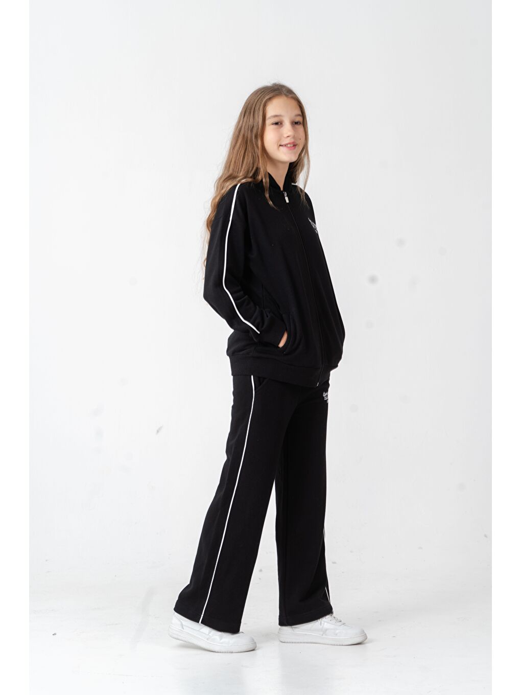 Siyah Sports Academy College Team Us-86 Nakışlı Kapüşonlu Ön Fermuarlı Kız Çocuk Alt Üst Eşofman Takımı-5