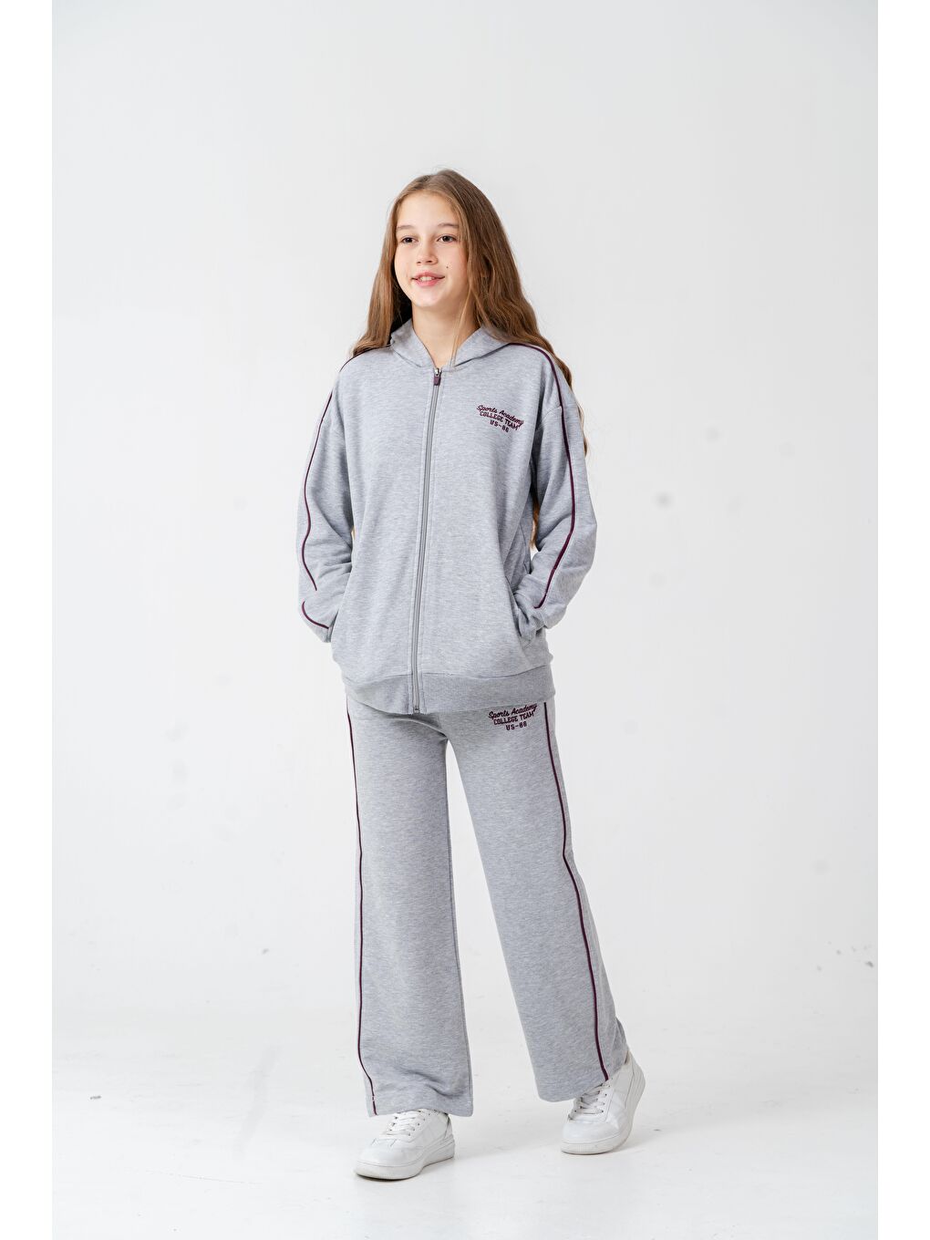 Gri Sports Academy College Team Us-86 Nakışlı Kapüşonlu Ön Fermuarlı Kız Çocuk Alt Üst Eşofman Takımı