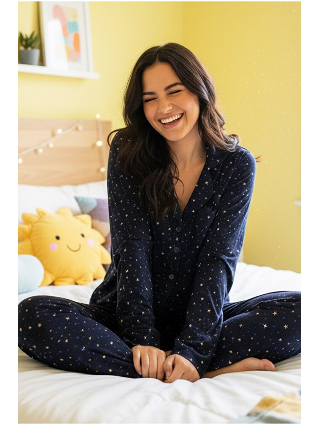 Karışık Lacivert Yıldız Desenli Örme Düğmeli Pamuklu Pijama Takım 7611