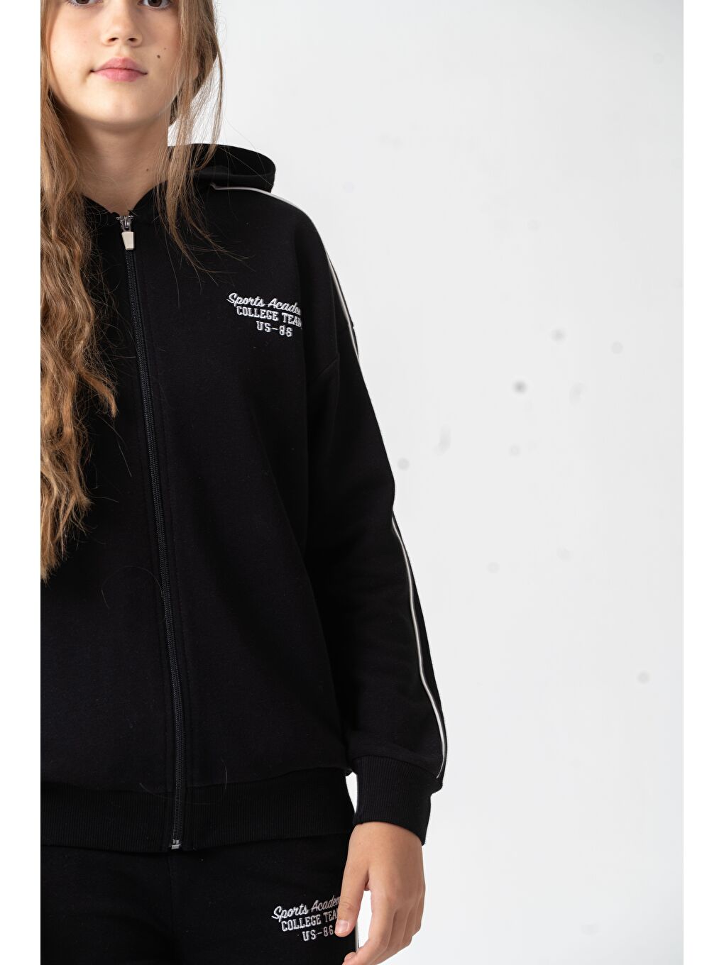 Siyah Sports Academy College Team Us-86 Nakışlı Kapüşonlu Ön Fermuarlı Kız Çocuk Alt Üst Eşofman Takımı-6
