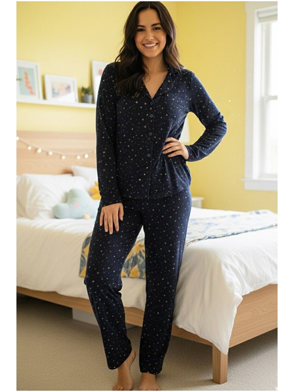 Karışık Lacivert Yıldız Desenli Örme Düğmeli Pamuklu Pijama Takım 7611-1