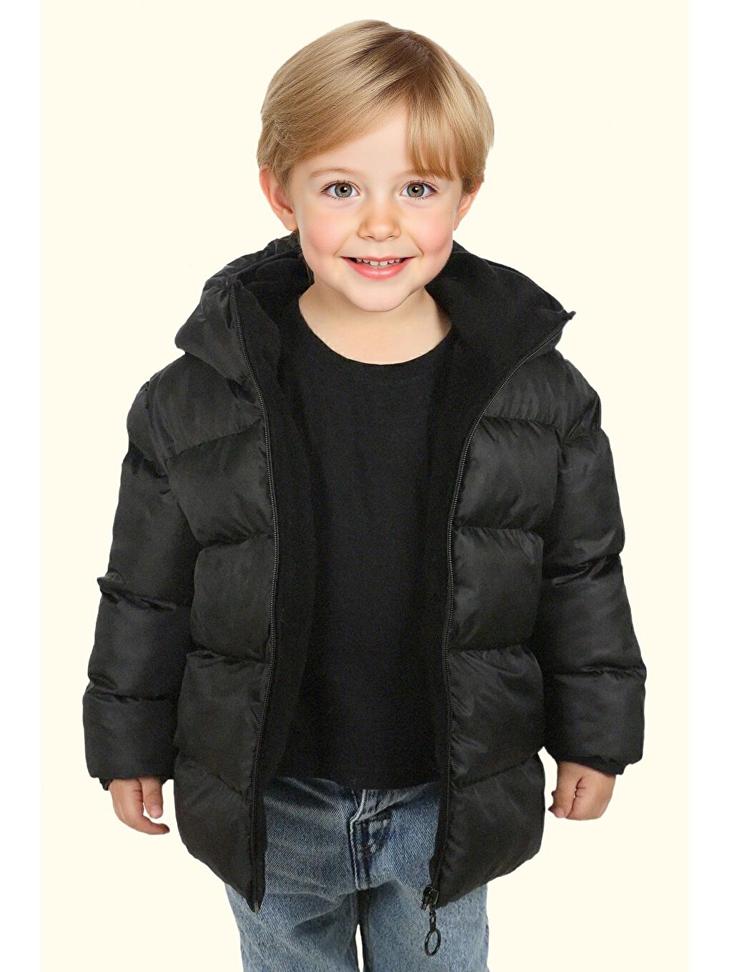 Siyah Erkek Çocuk Polarlı Kürklü Kapüşonlu Su Geçirmez Rüzgara Dayanıklı Şişme Kışlık Mont Kaban