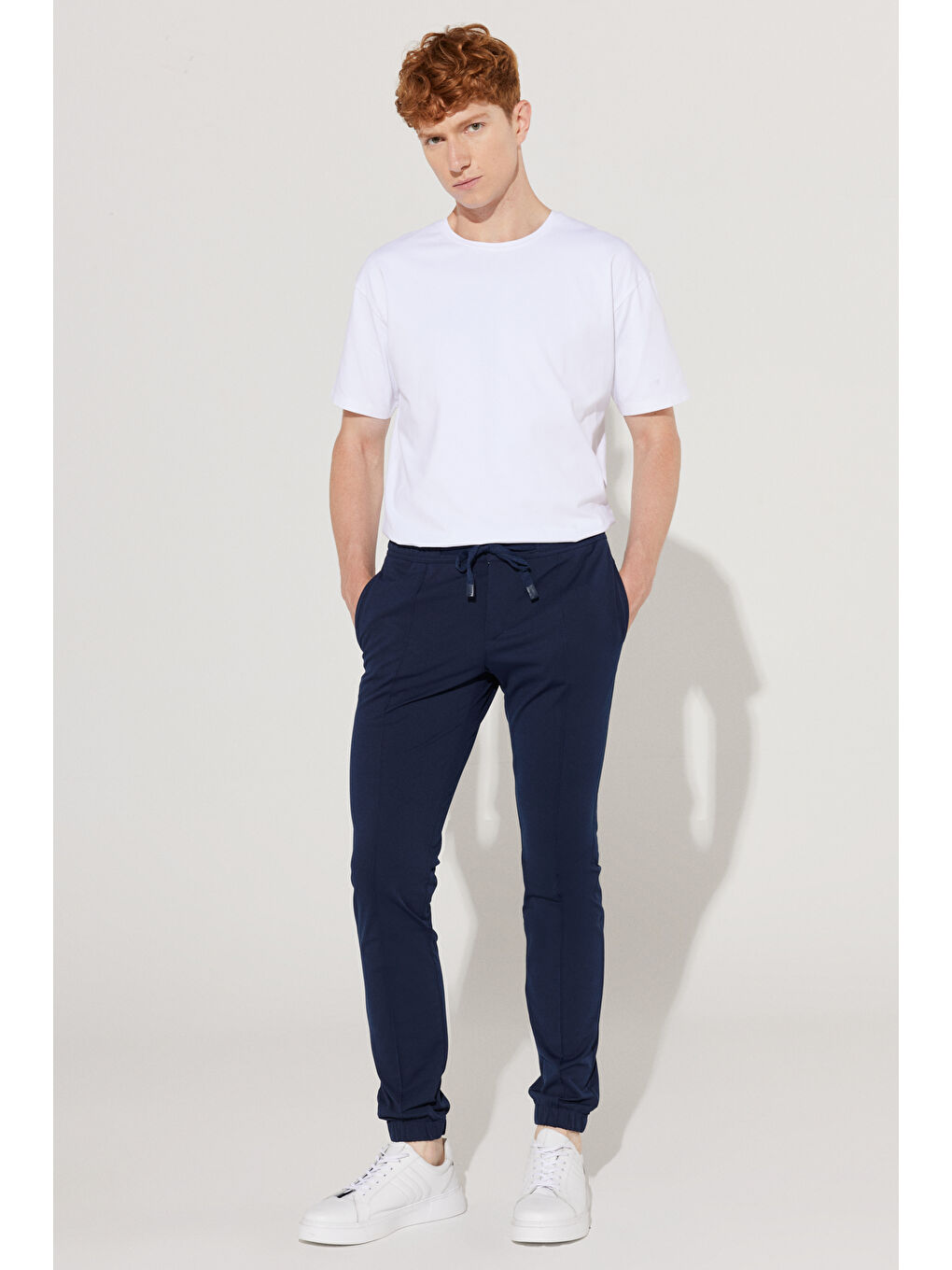 Erkek Lacivert Slim Fit Dar Kesim Beli Bağlamalı Pantolon