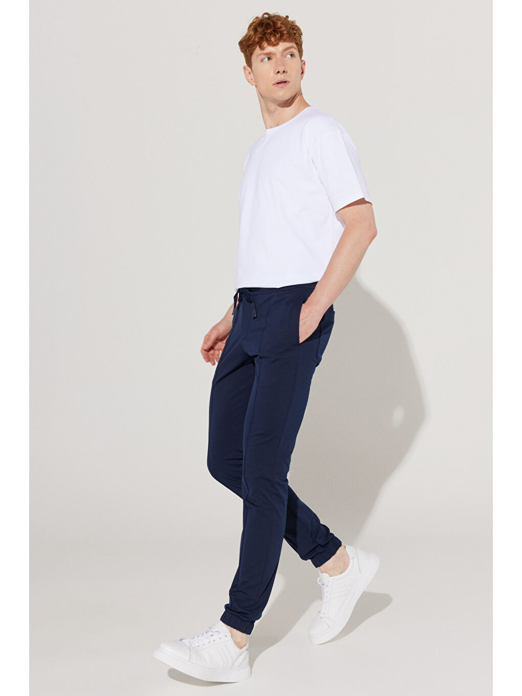 Erkek Lacivert Slim Fit Dar Kesim Beli Bağlamalı Pantolon-1