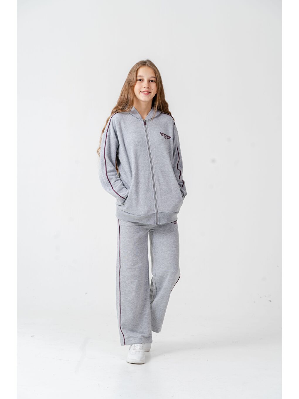 Gri Sports Academy College Team Us-86 Nakışlı Kapüşonlu Ön Fermuarlı Kız Çocuk Alt Üst Eşofman Takımı-1