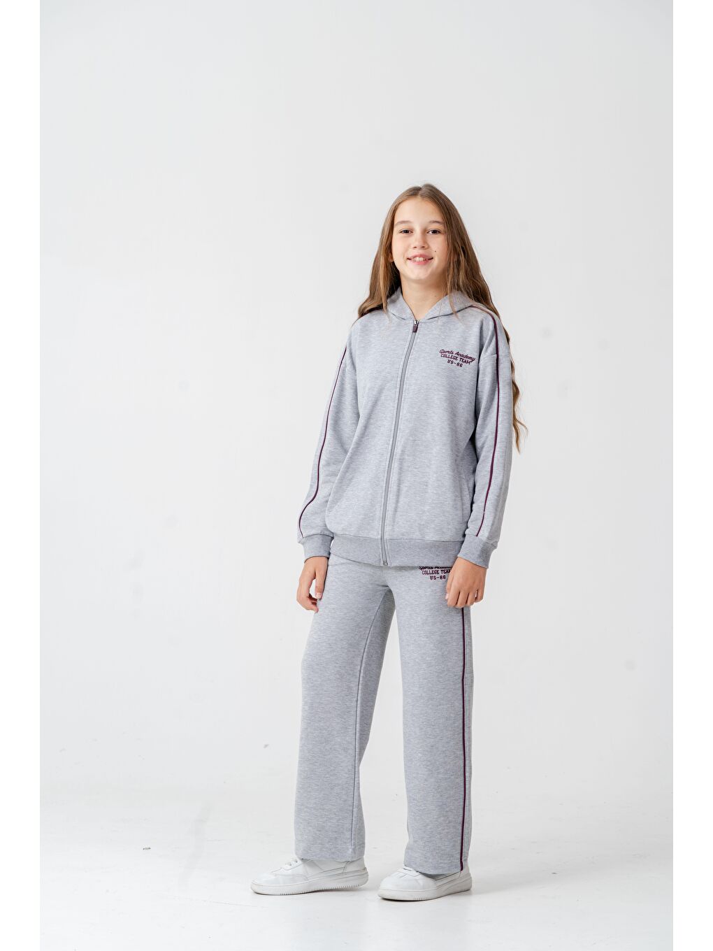 Gri Sports Academy College Team Us-86 Nakışlı Kapüşonlu Ön Fermuarlı Kız Çocuk Alt Üst Eşofman Takımı-2