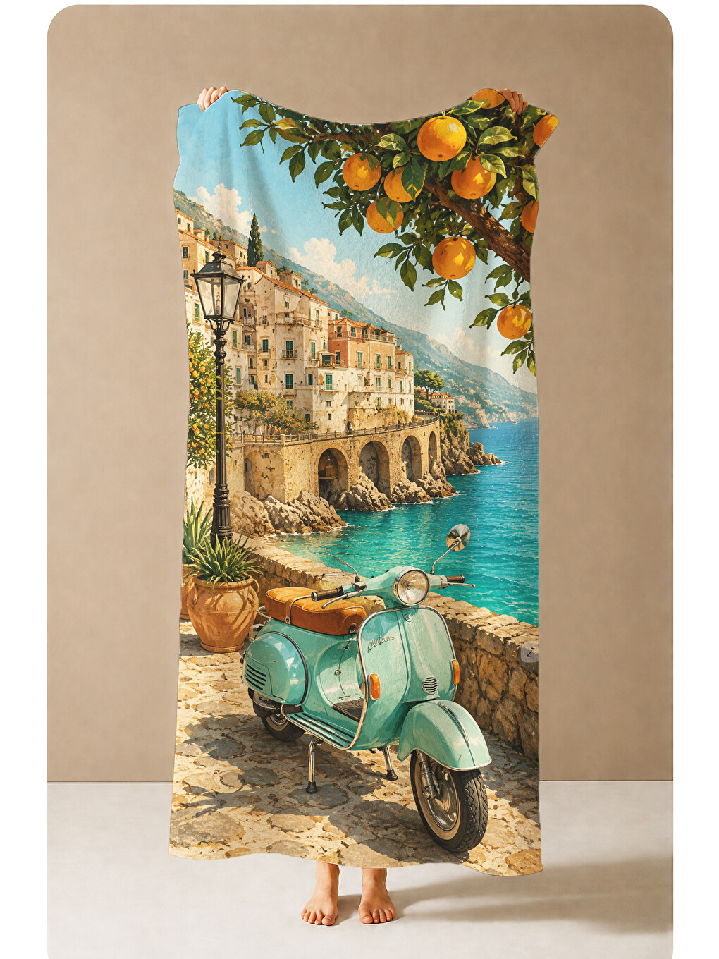 Sarı Vintage Scooter Narenciye İtalyan Sokak Desenli 70x150 Plaj Havlusu - Dijital Baskılı Banyo Havlusu-1