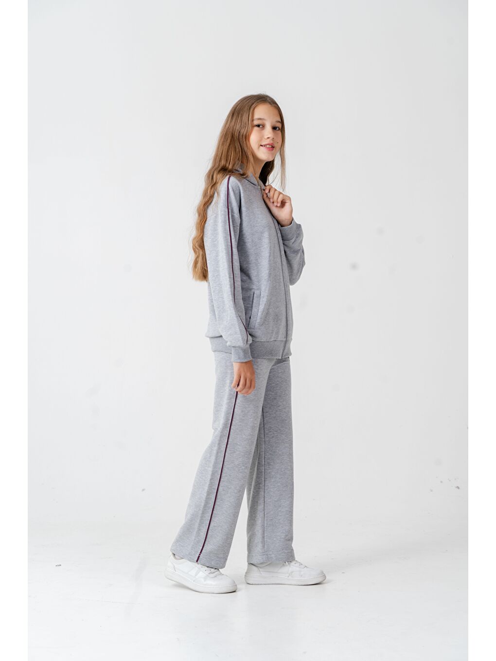Gri Sports Academy College Team Us-86 Nakışlı Kapüşonlu Ön Fermuarlı Kız Çocuk Alt Üst Eşofman Takımı-3
