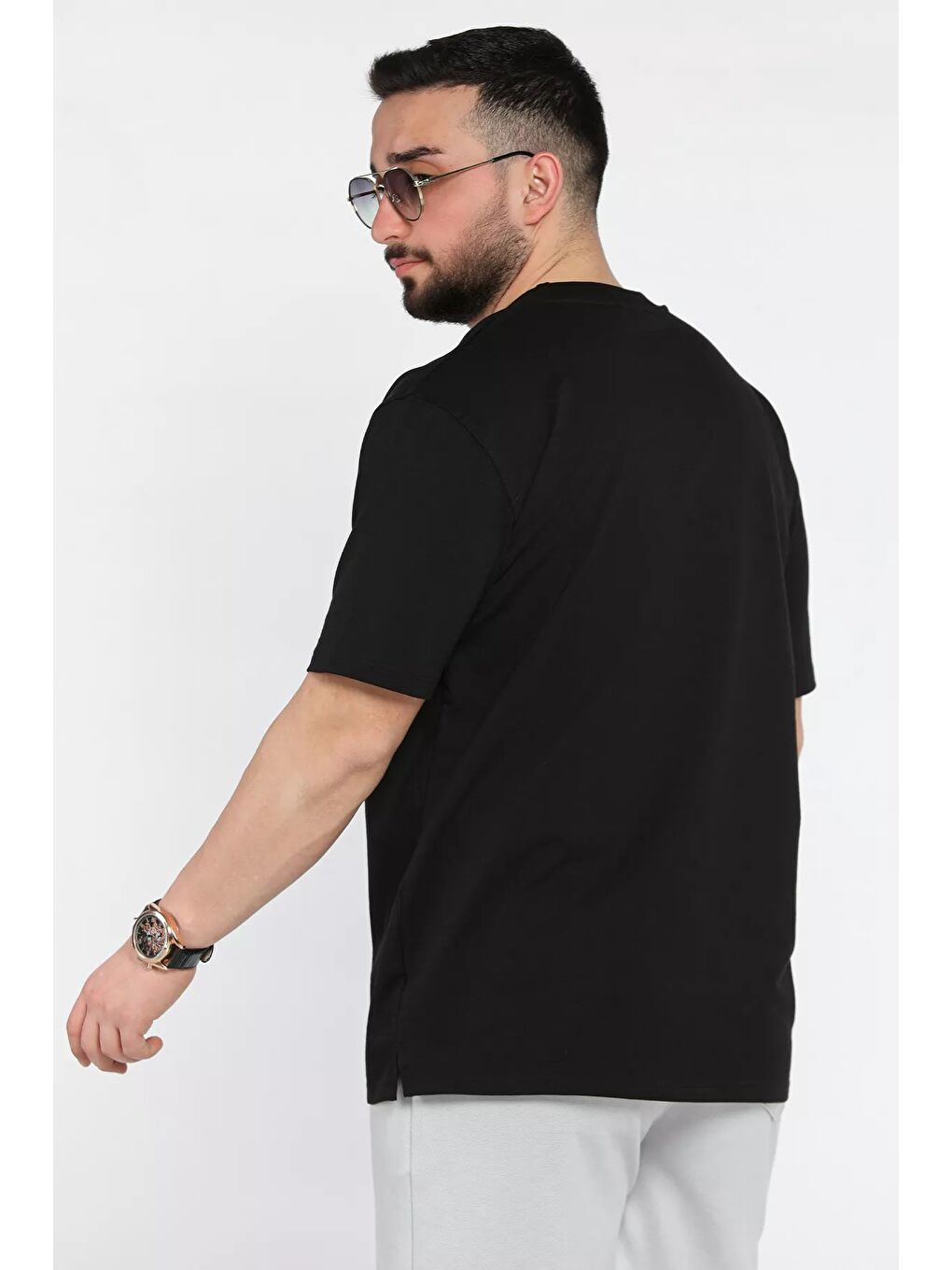 Siyah Erkek Bisiklet Yaka Baskılı Tişört-2