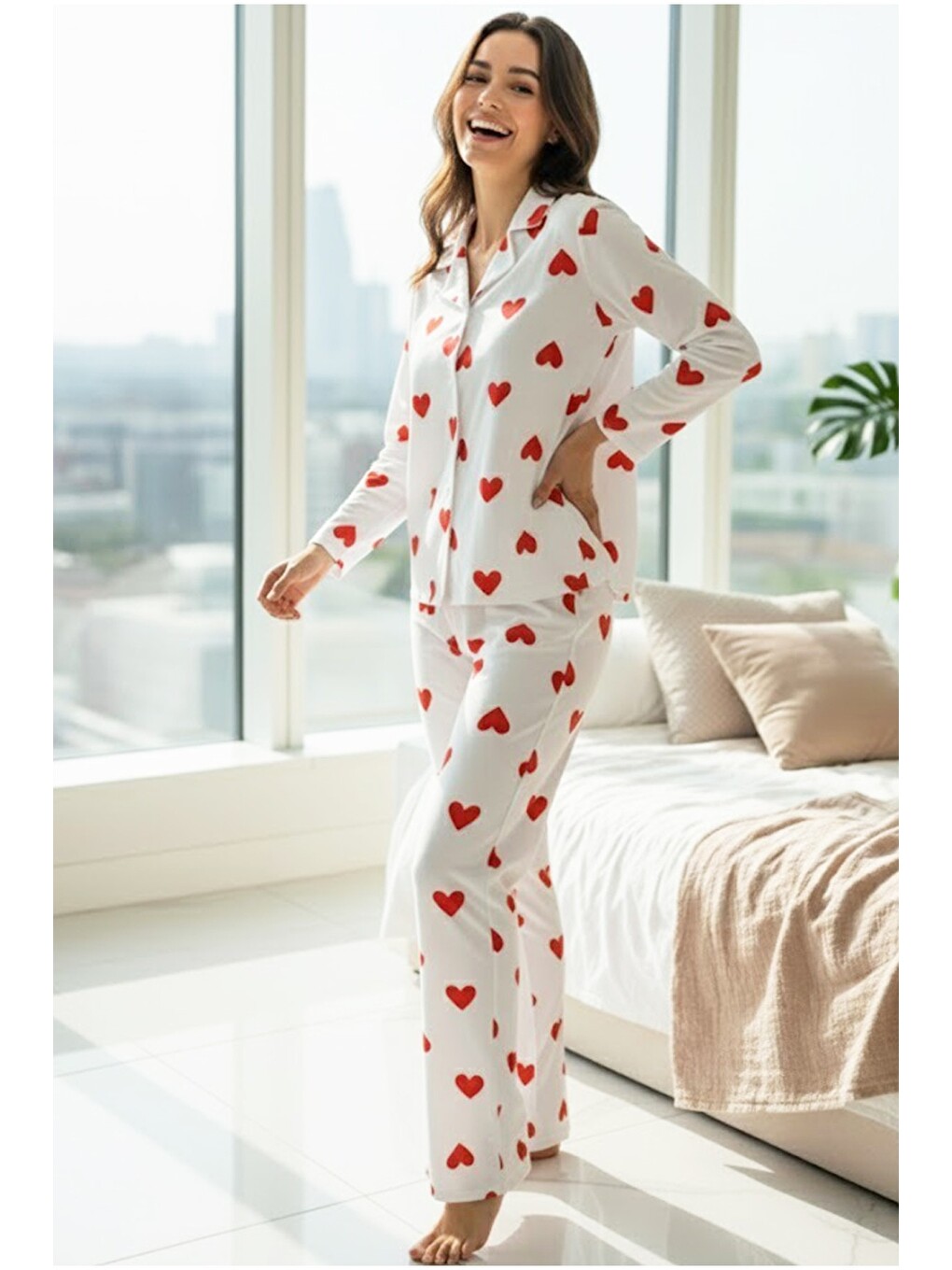 Karışık Beyaz Kırmızı Kalp Desenli Örme Düğmeli Pamuklu Pijama Takım-1