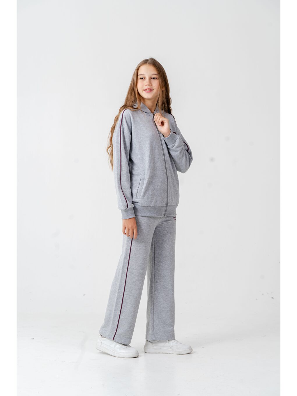 Gri Sports Academy College Team Us-86 Nakışlı Kapüşonlu Ön Fermuarlı Kız Çocuk Alt Üst Eşofman Takımı-4