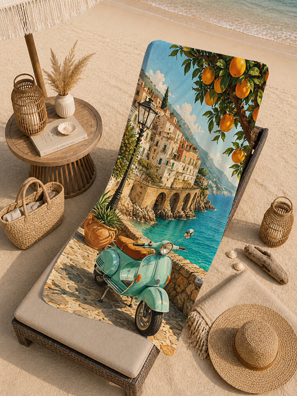 Sarı Vintage Scooter Narenciye İtalyan Sokak Desenli 70x150 Plaj Havlusu - Dijital Baskılı Banyo Havlusu-3
