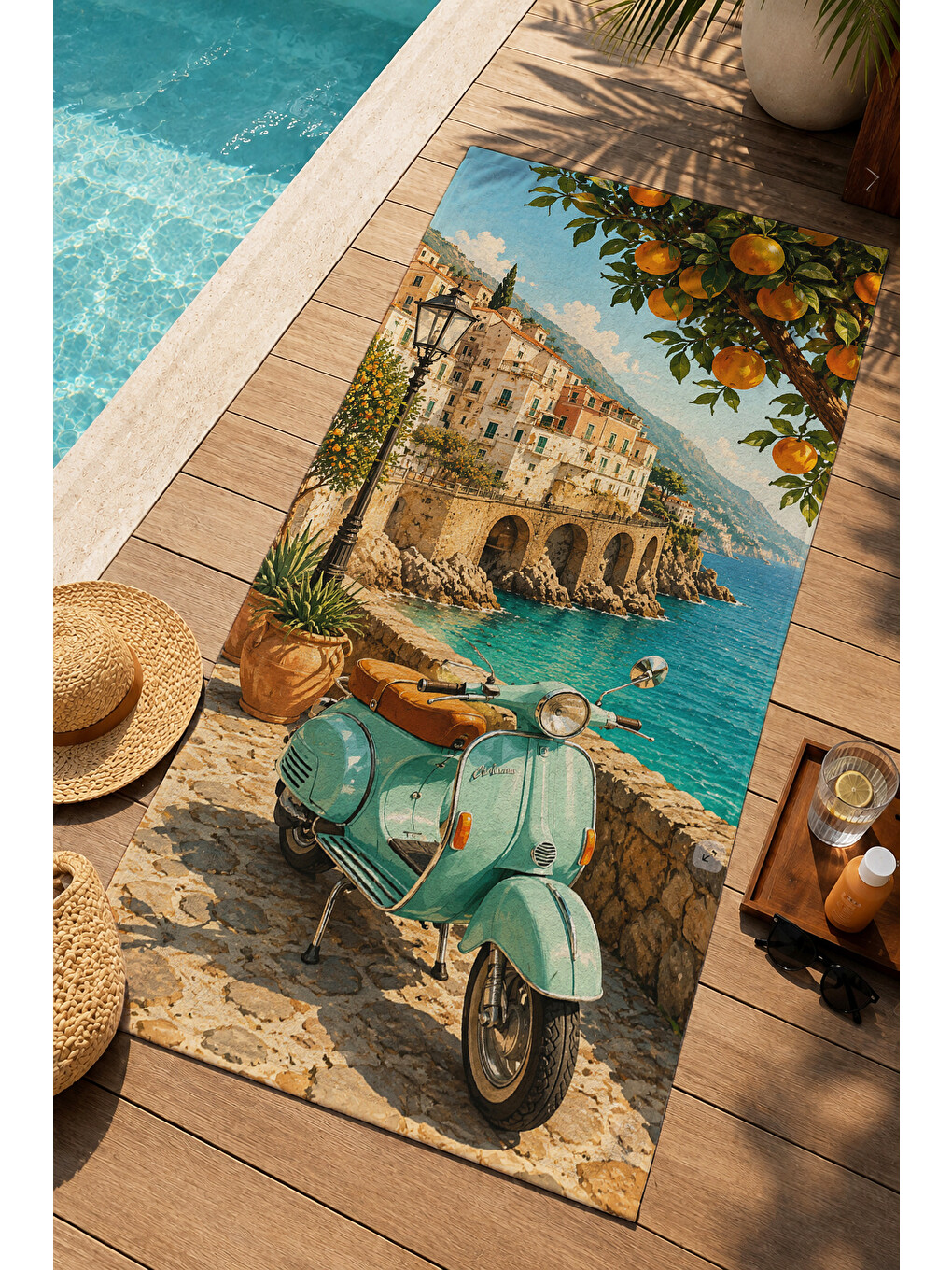 Sarı Vintage Scooter Narenciye İtalyan Sokak Desenli 70x150 Plaj Havlusu - Dijital Baskılı Banyo Havlusu-4