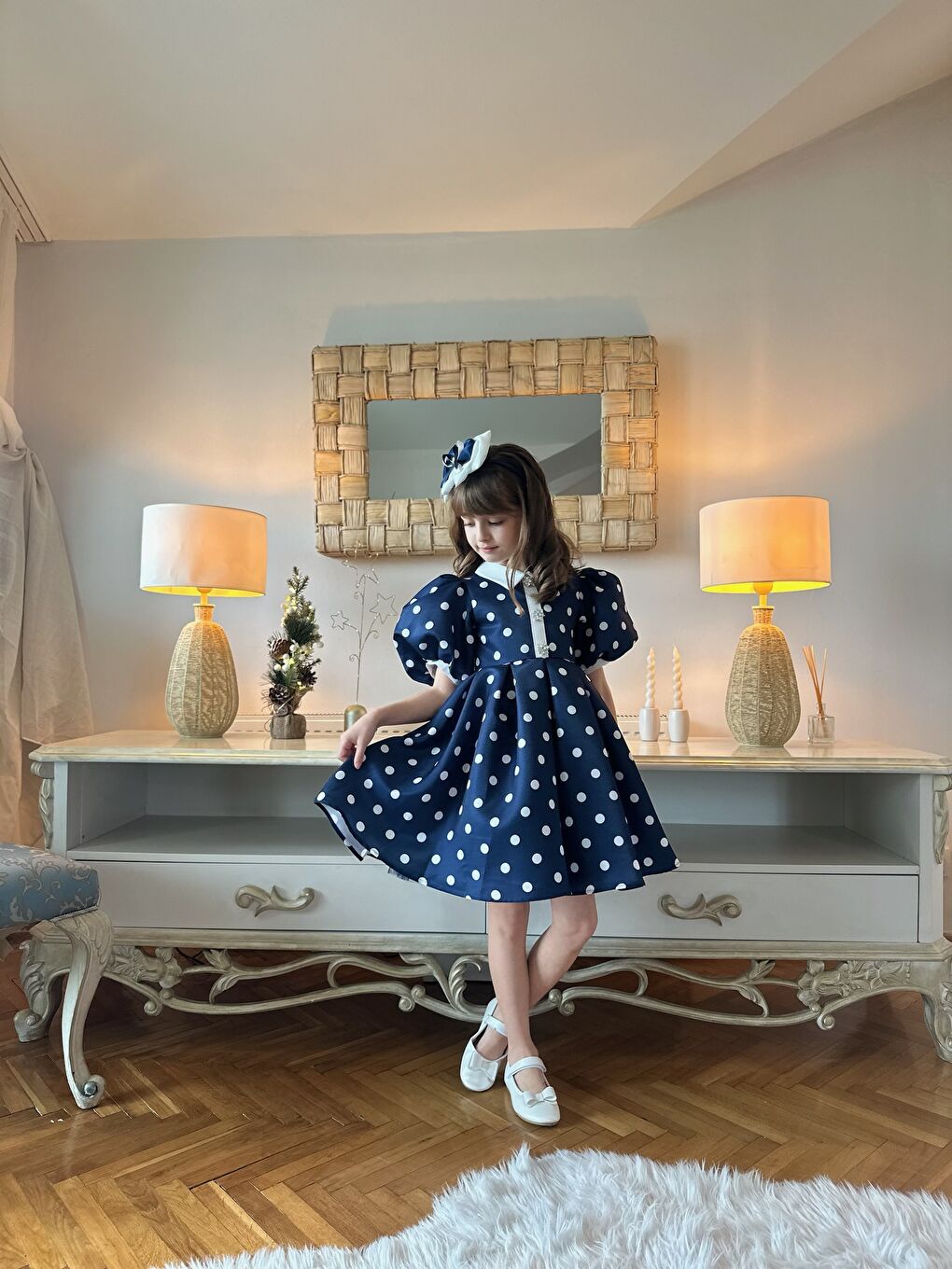 Lacivert Özel Tasarım, Puantiyeli, Balon Kollu, Düğme Detaylı, Saç Aksesuarlı Kız Çocuk Elbise_M2451-3