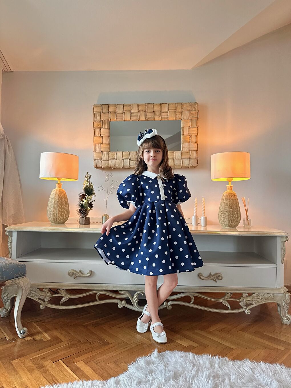 Lacivert Özel Tasarım, Puantiyeli, Balon Kollu, Düğme Detaylı, Saç Aksesuarlı Kız Çocuk Elbise_M2451-4