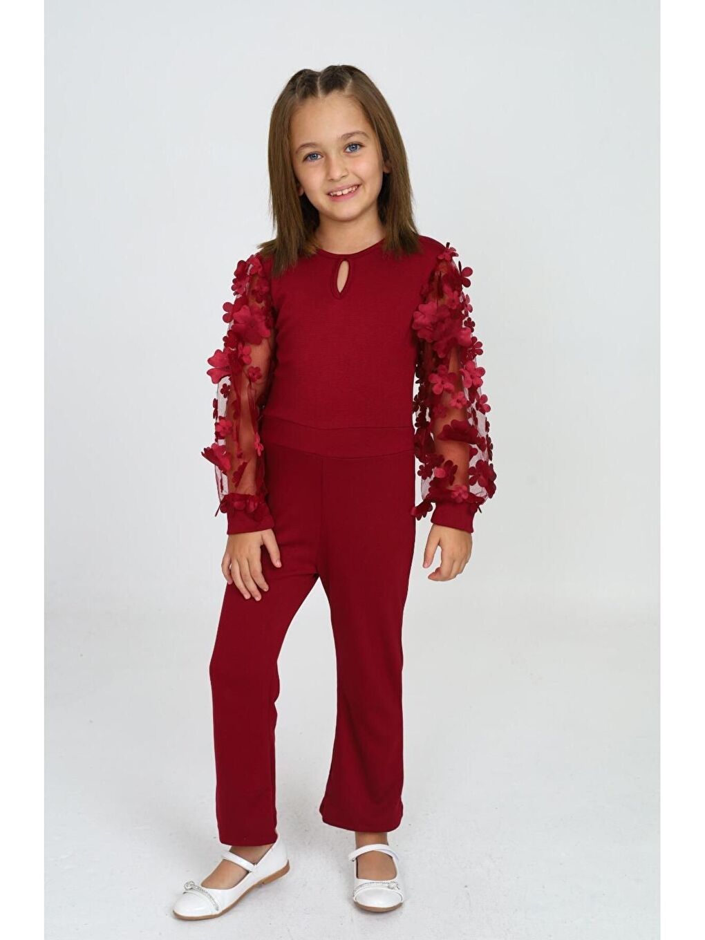 Bordo Tül Kol Detaylı Tulum Gece Ve Parti Kıyafeti