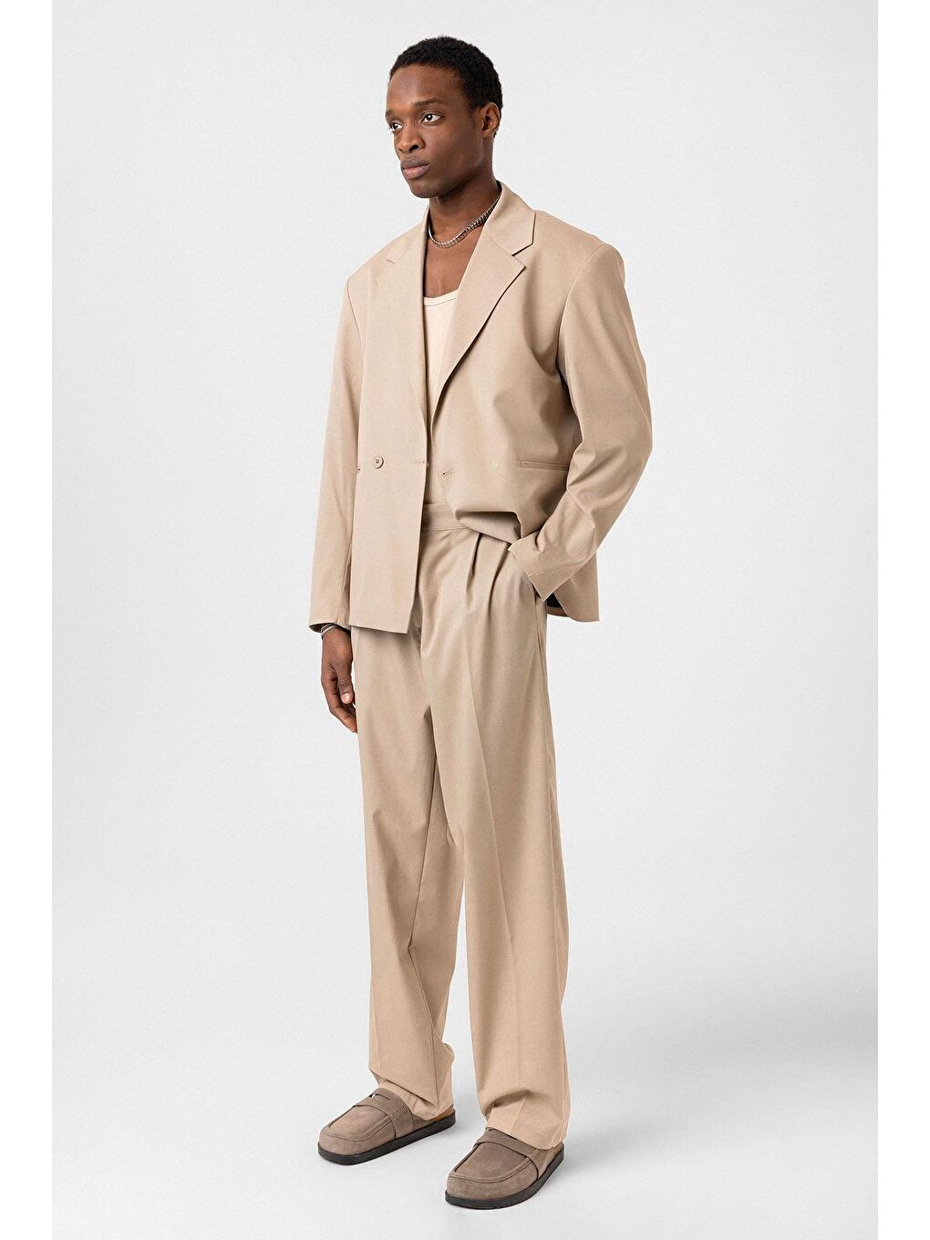 Tek Düğme Oversize Takım Elbise Bej-1