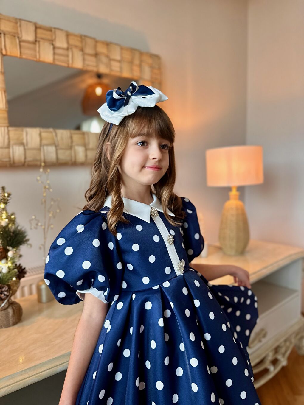 Lacivert Özel Tasarım, Puantiyeli, Balon Kollu, Düğme Detaylı, Saç Aksesuarlı Kız Çocuk Elbise_M2451-6